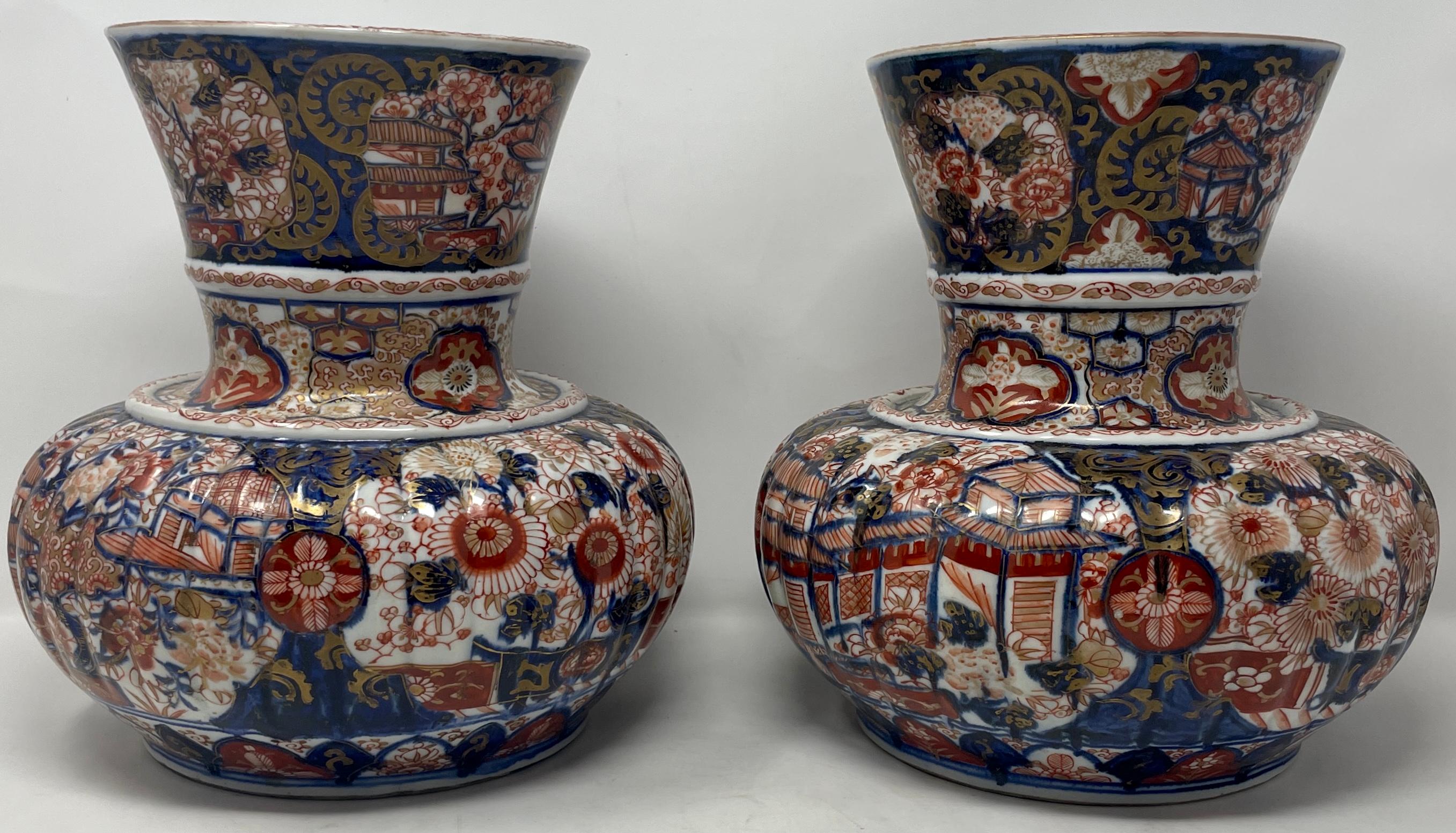 Pair antique Imari Porcelain fluted design vases, Circa 1880.