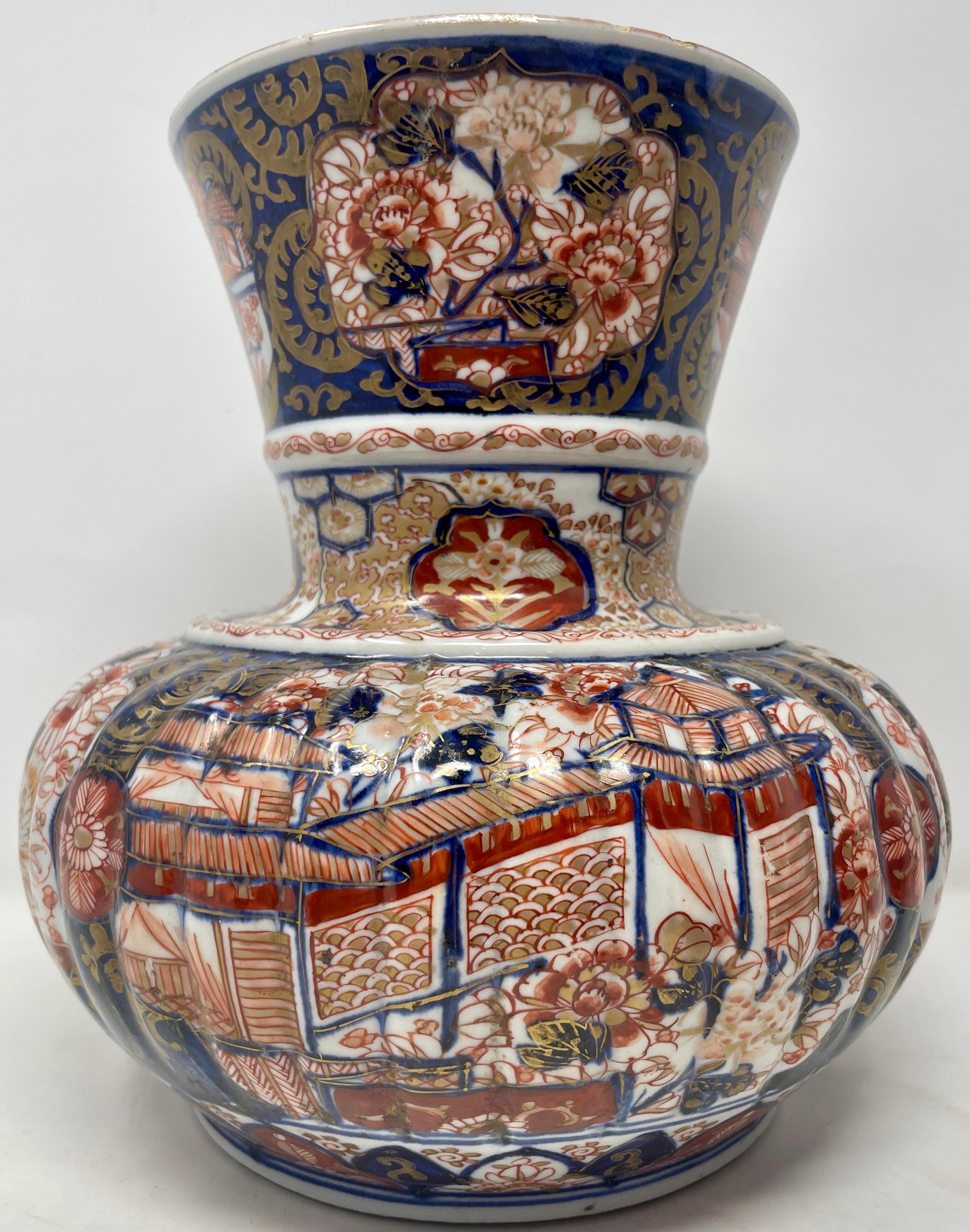 Painted Pair Antique Imari Porcelain Fluted Design Vases, Circa 1880 For Sale