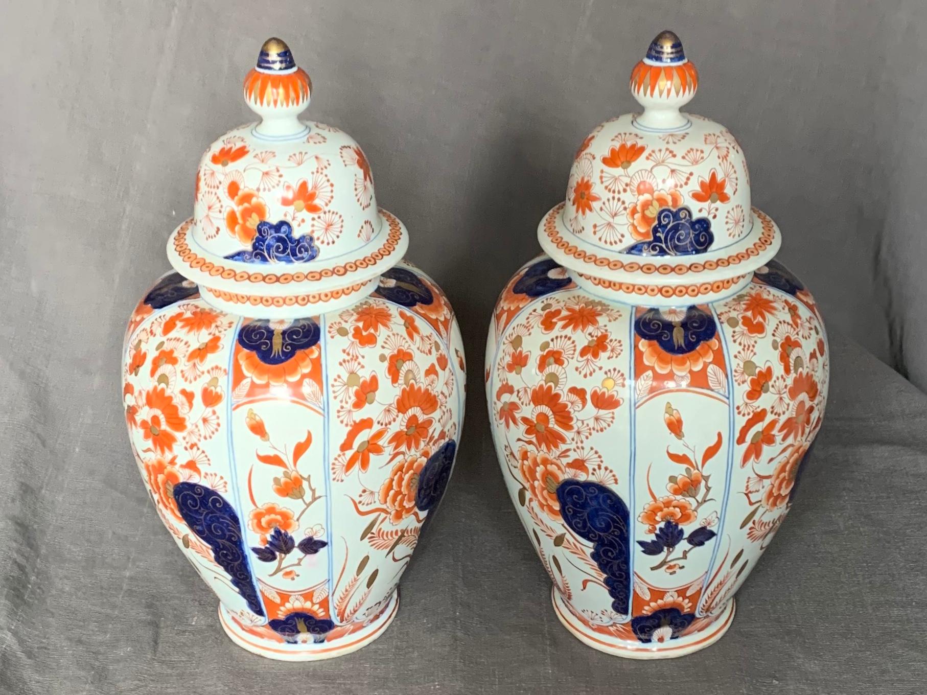 French Pair Delft Style Imari Ginger Jars