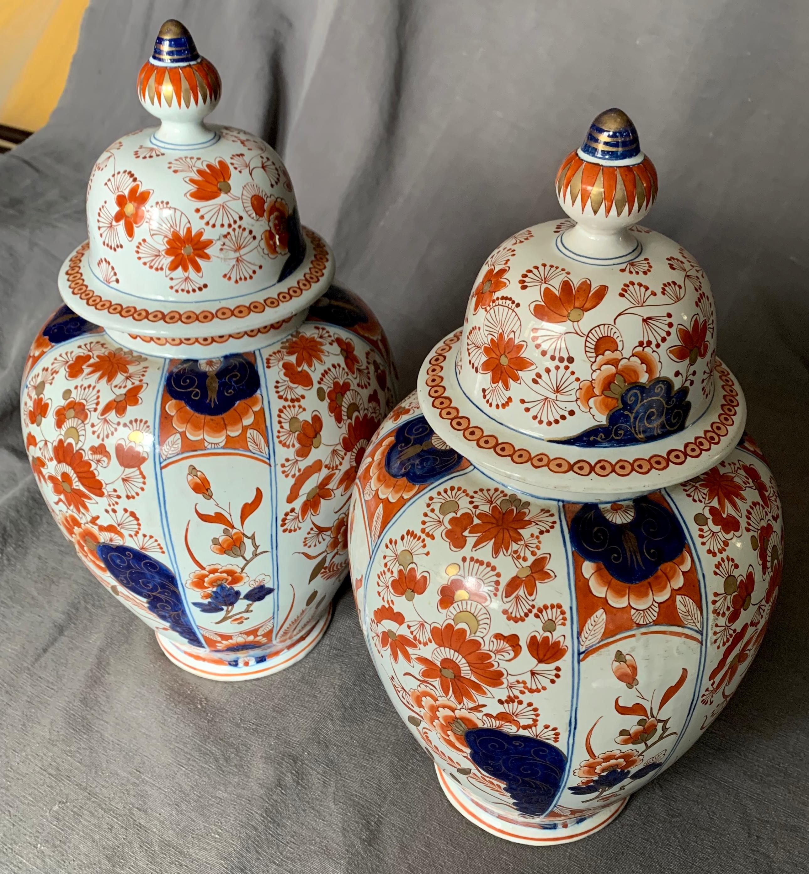 19th Century Pair Delft Style Imari Ginger Jars