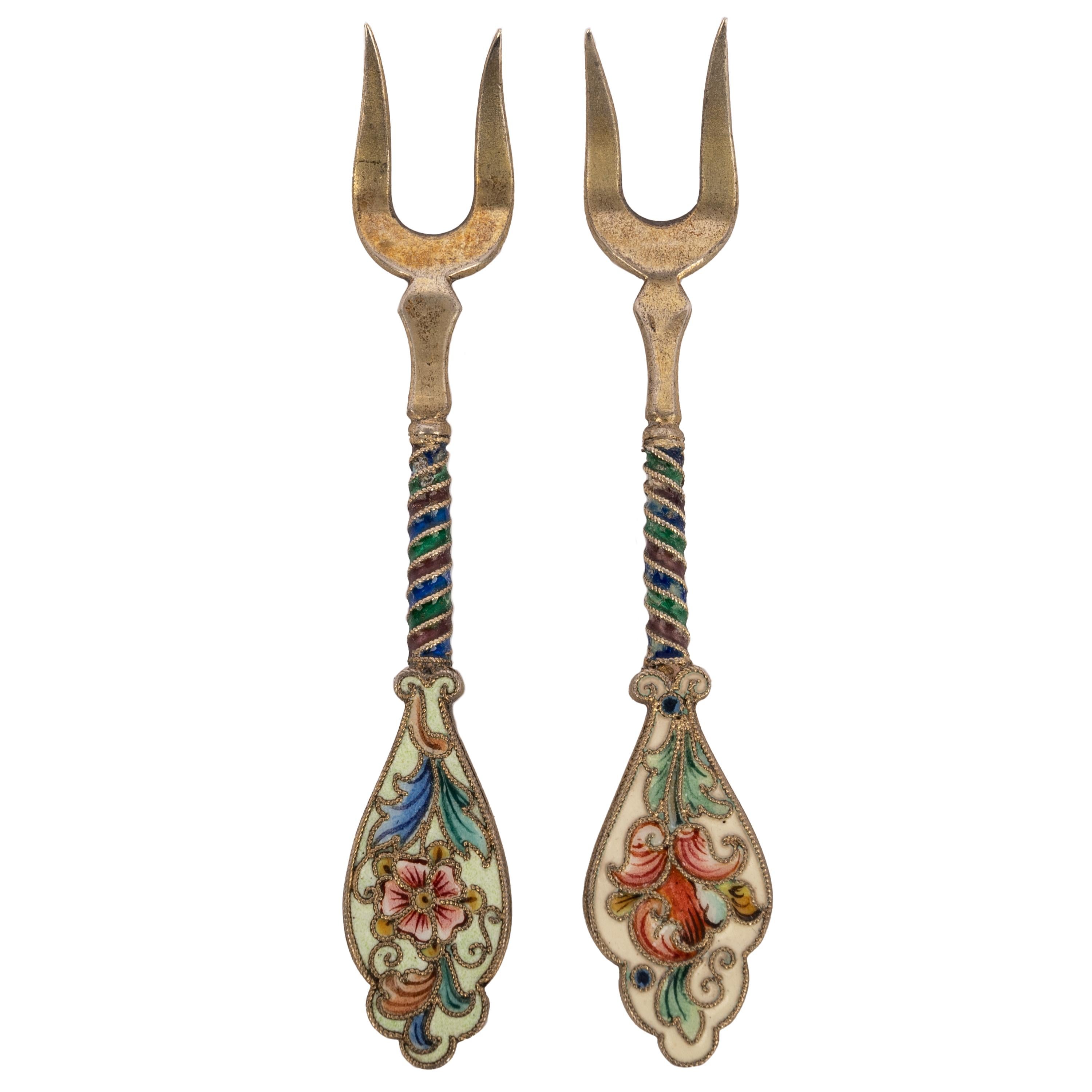 Baltic Pair Antique Imperial Russian Silver Gilt Cloisonne Forks Feodor Ruckert Faberge For Sale