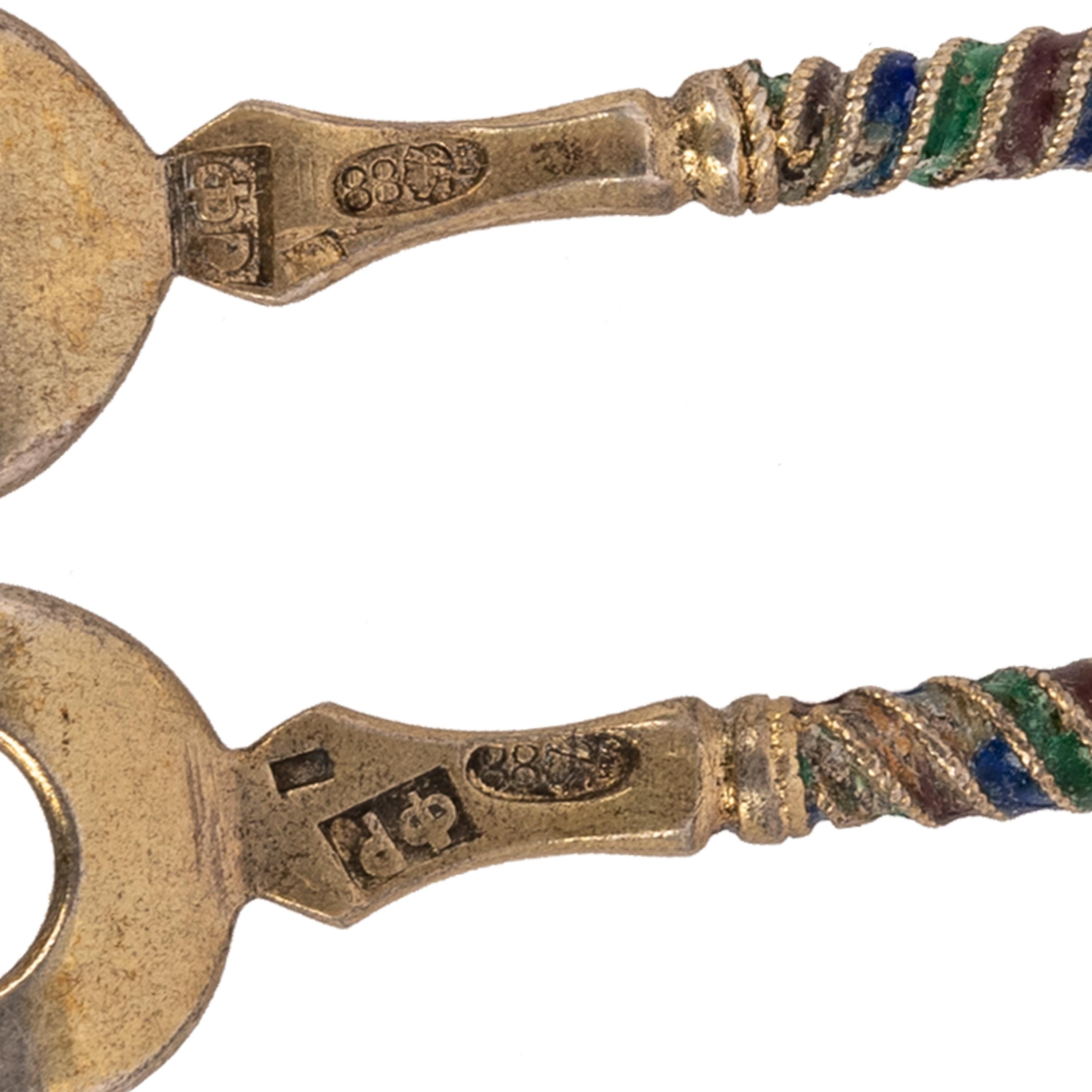 Pair Antique Imperial Russian Silver Gilt Cloisonne Forks Feodor Ruckert Faberge For Sale 3