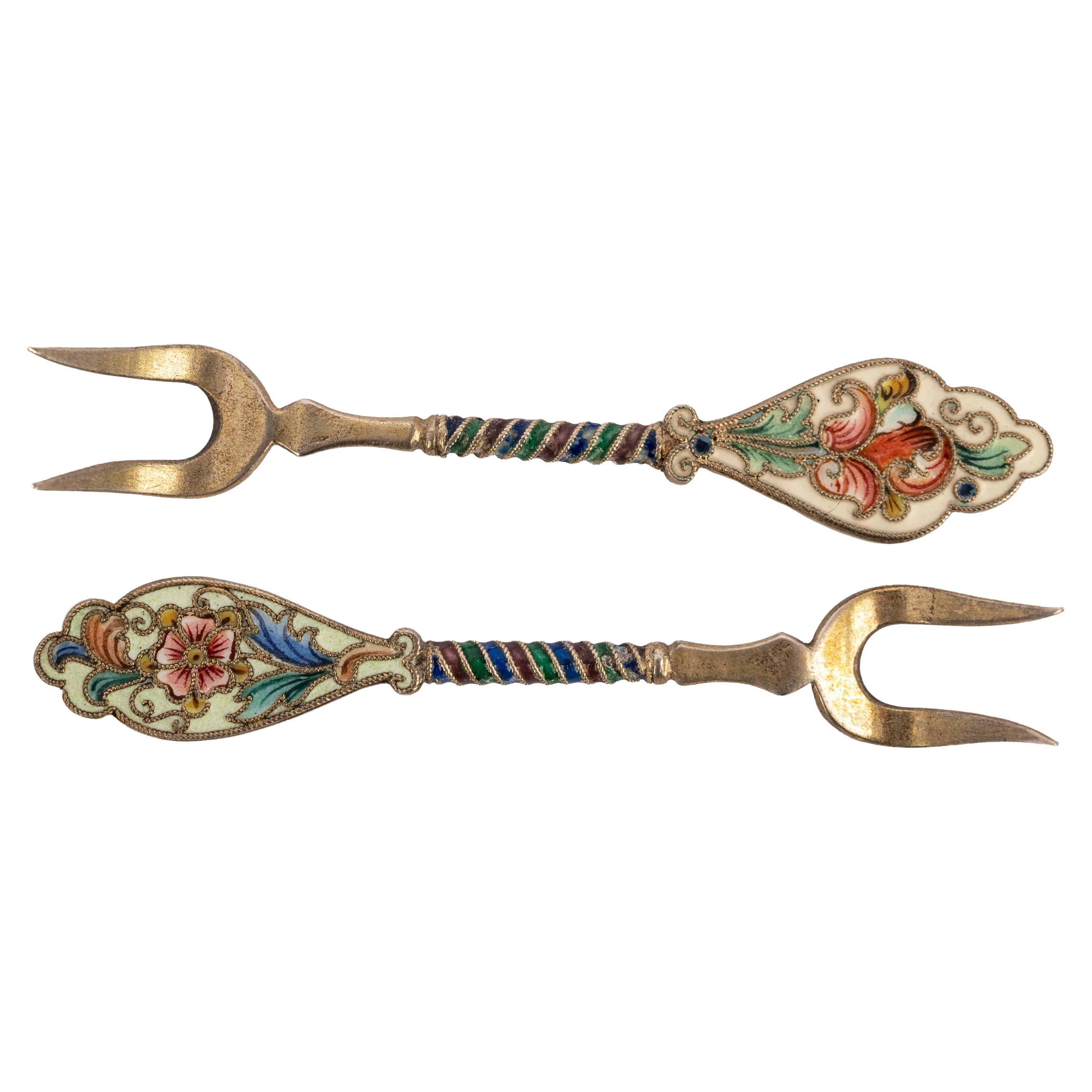 Pair Antique Imperial Russian Silver Gilt Cloisonne Forks Feodor Ruckert Faberge For Sale