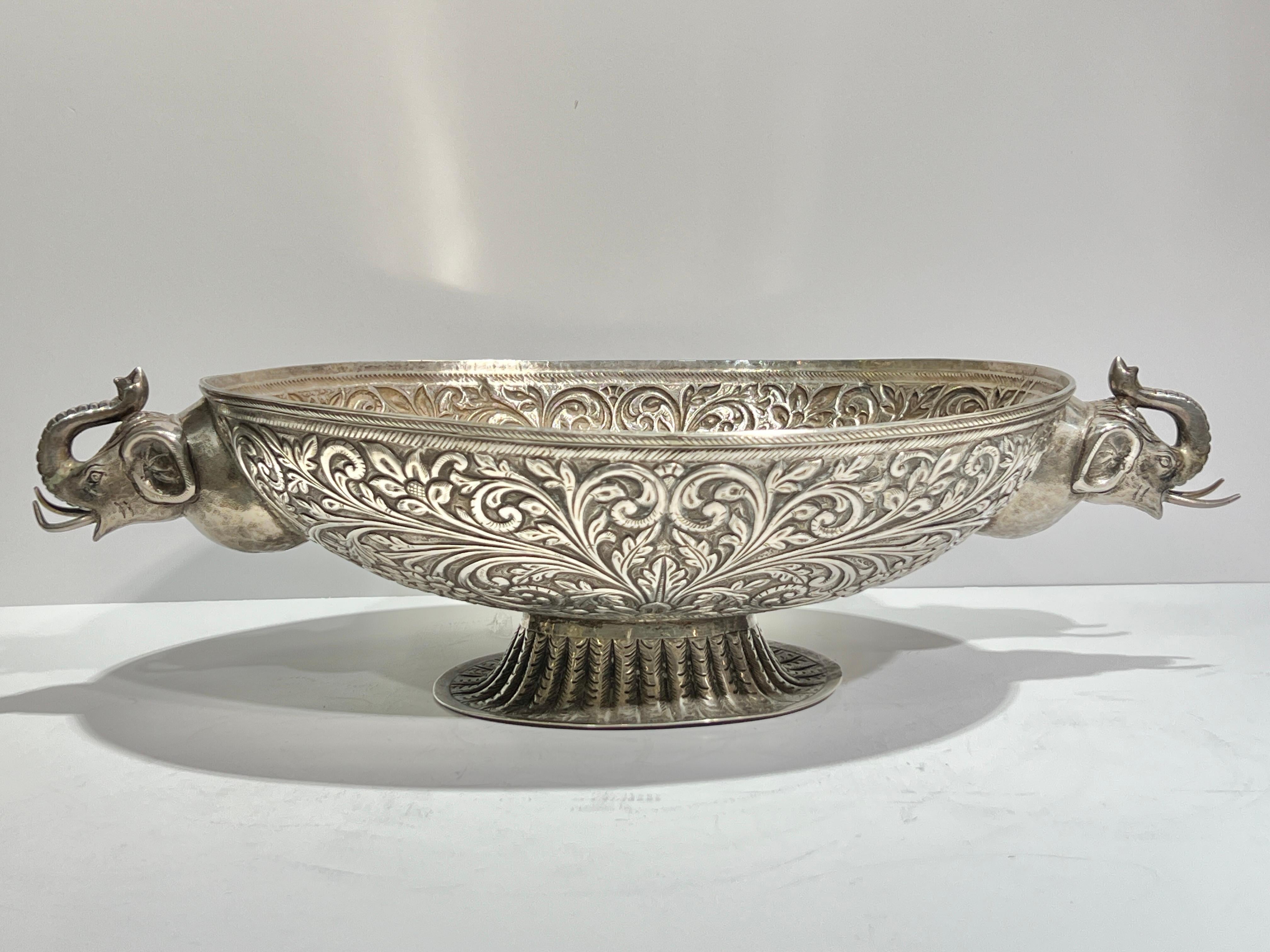 Repoussé Pair Antique Indian Sterling Silver Centerpiece Bowls For Sale