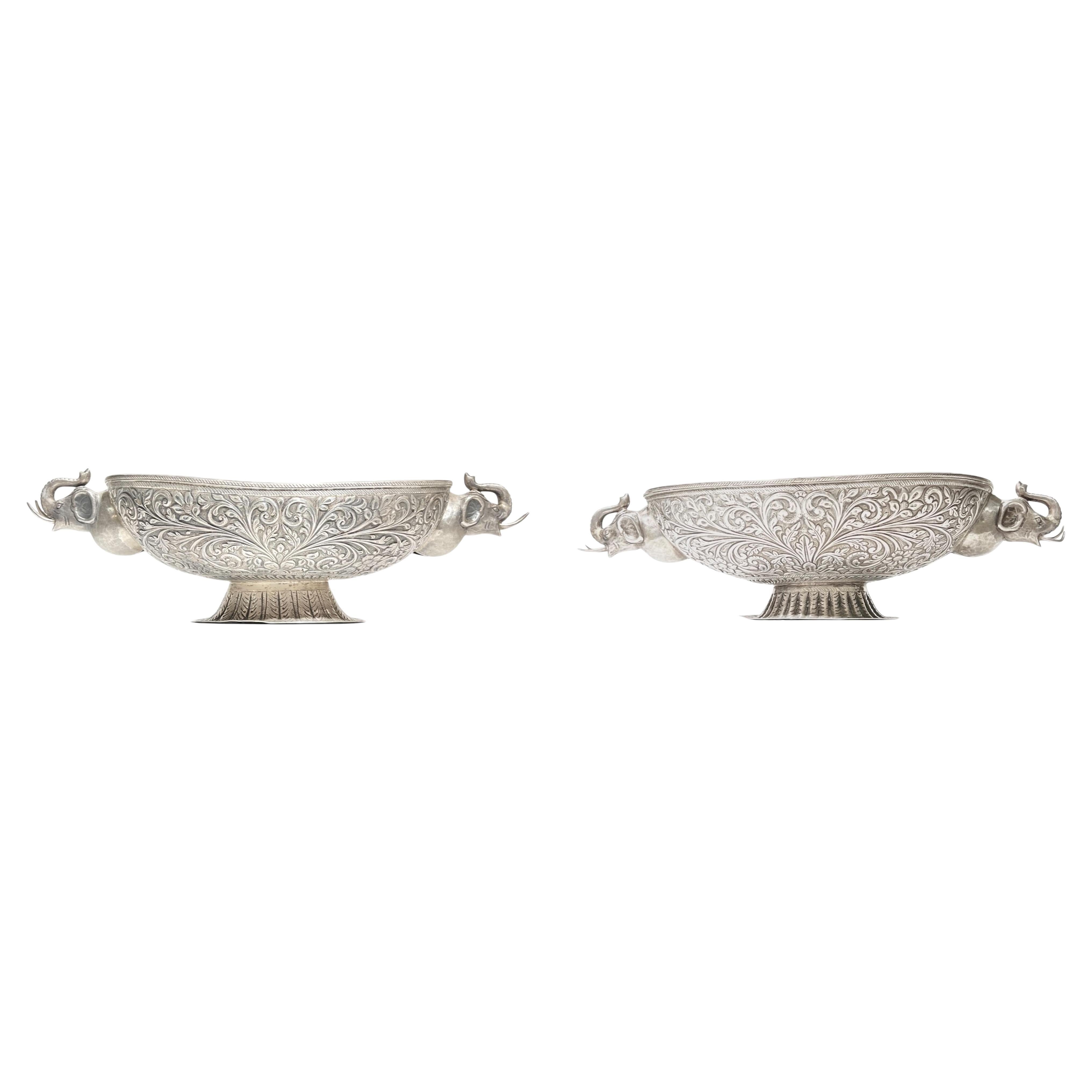 Pair Antique Indian Sterling Silver Centerpiece Bowls For Sale