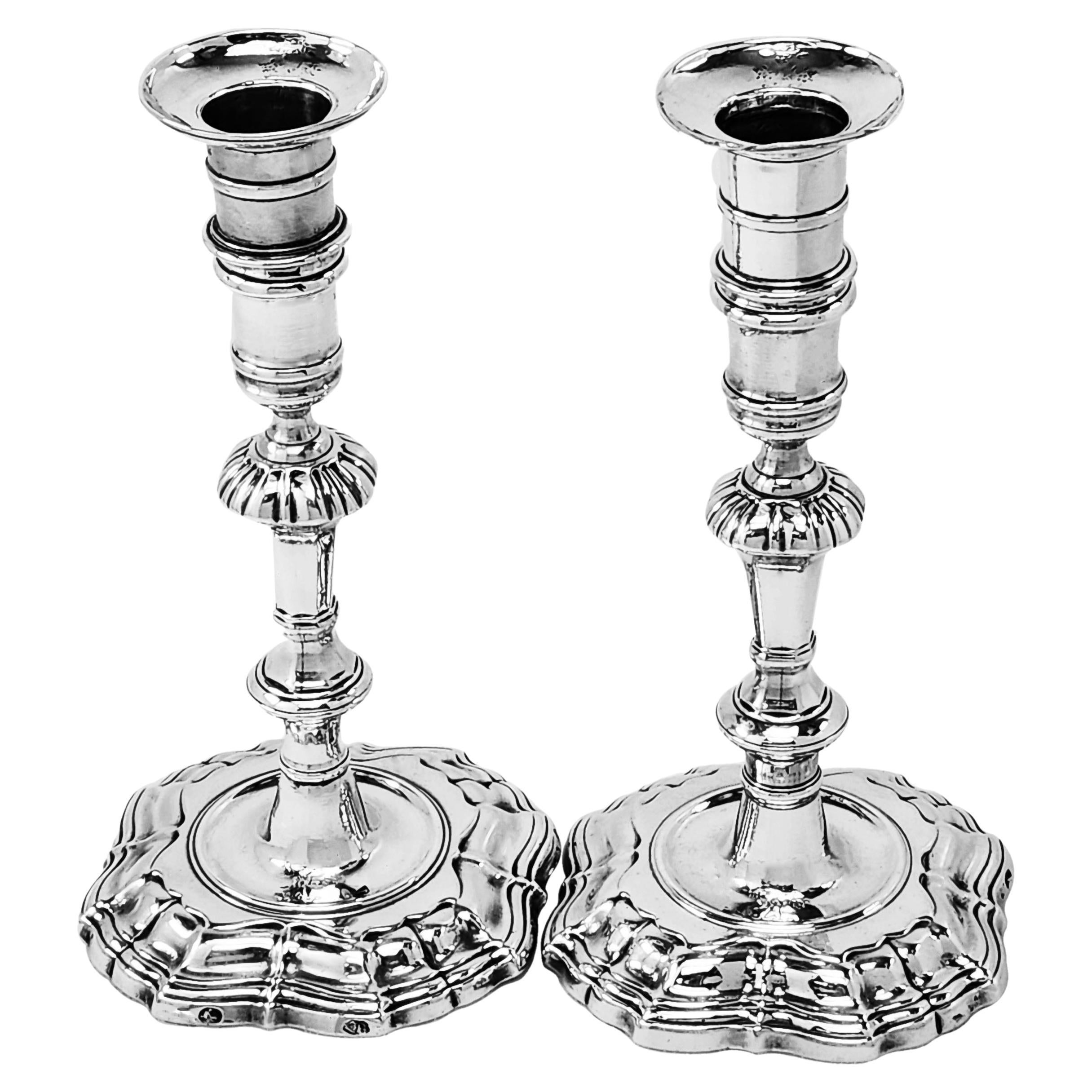 Pair Antique Irish George II Sterling Silver Candlesticks Dublin c. 1740  For Sale