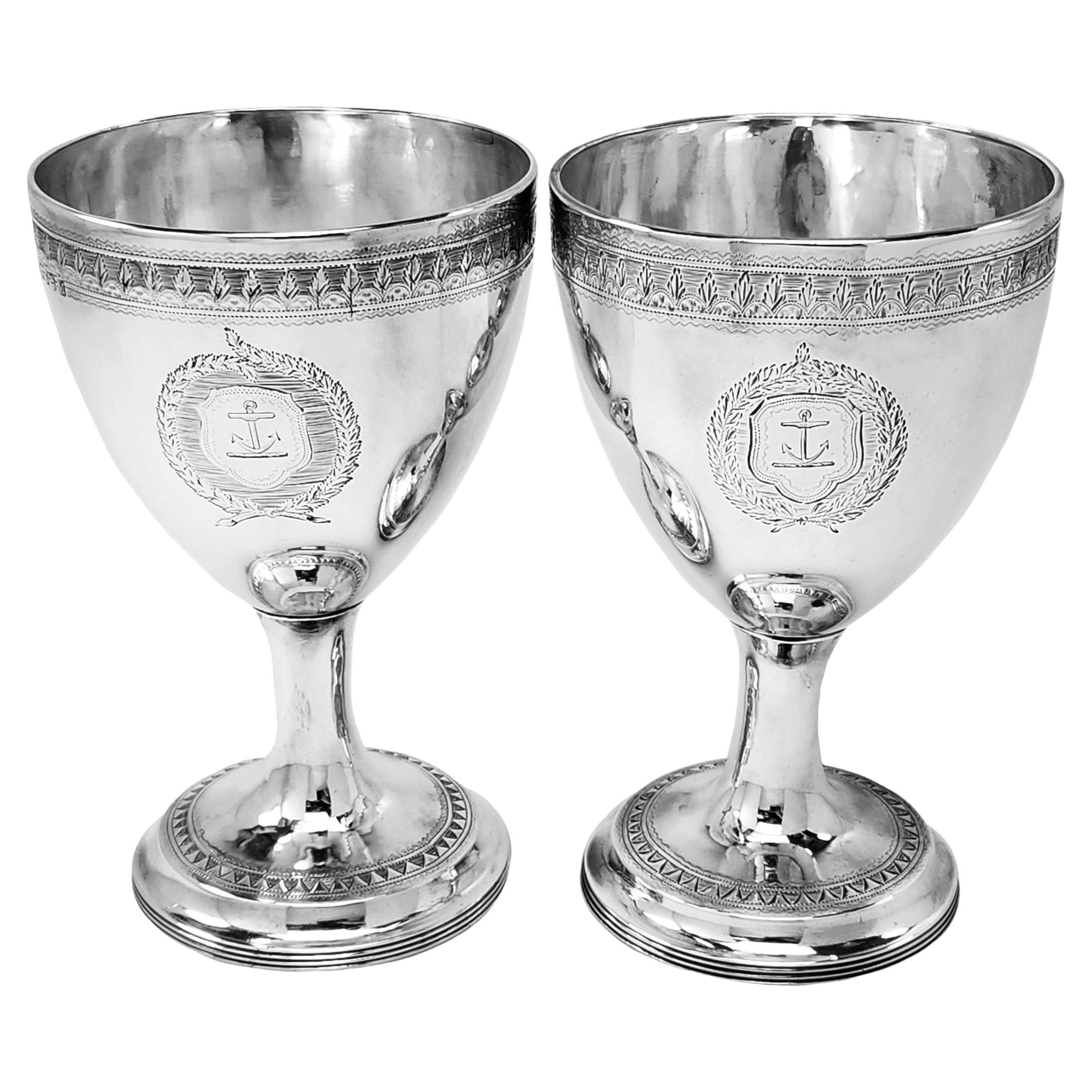 Pair Antique Irish Georgian Silver Wine Goblets 1802 06 For Sale