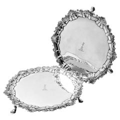 Pair Antique Irish Georgian Sterling Silver Salvers / Waiters Dublin c. 1770