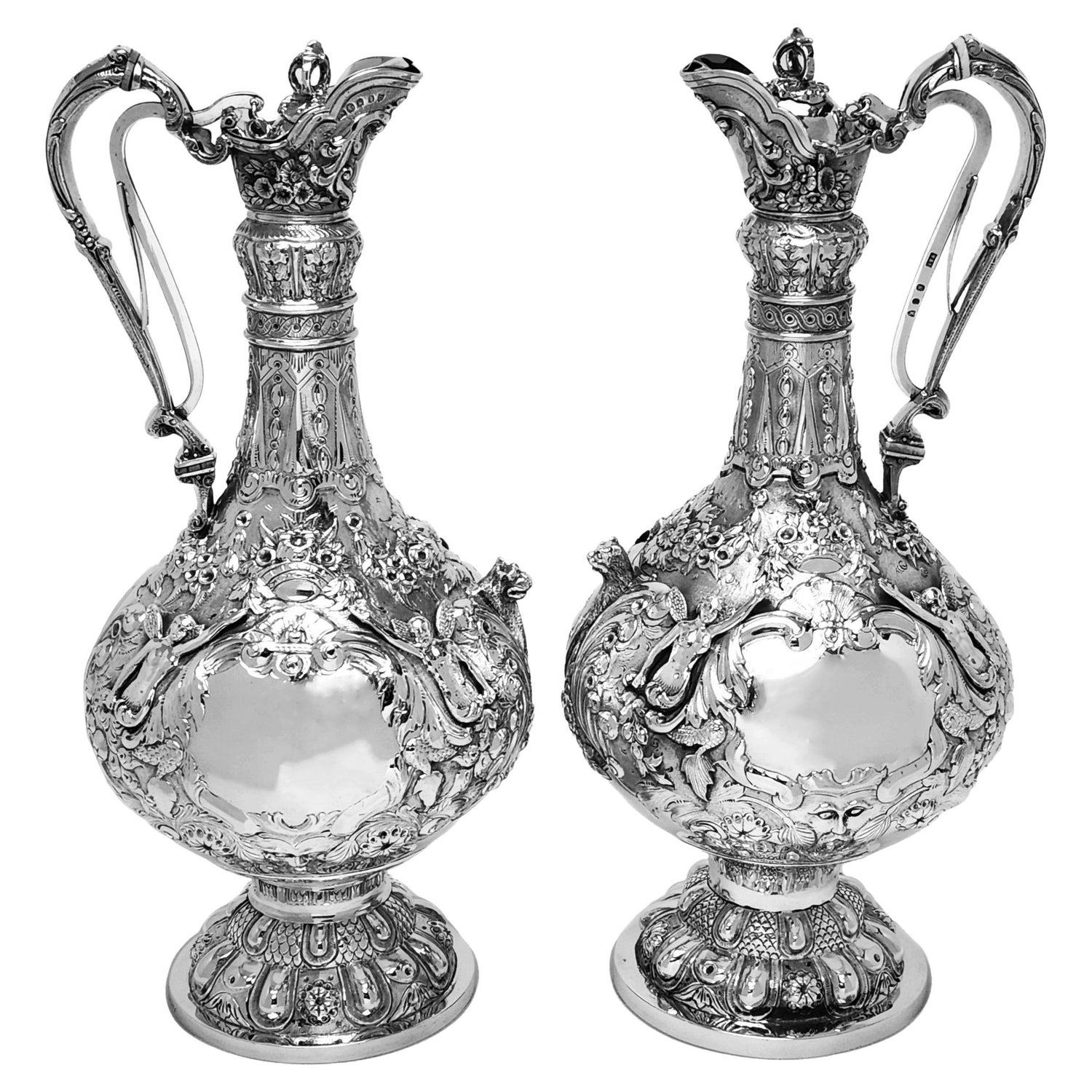 Pair Antique Irish Victorian Silver Armada Jugs Claret Wine Decanters 1877 - 80