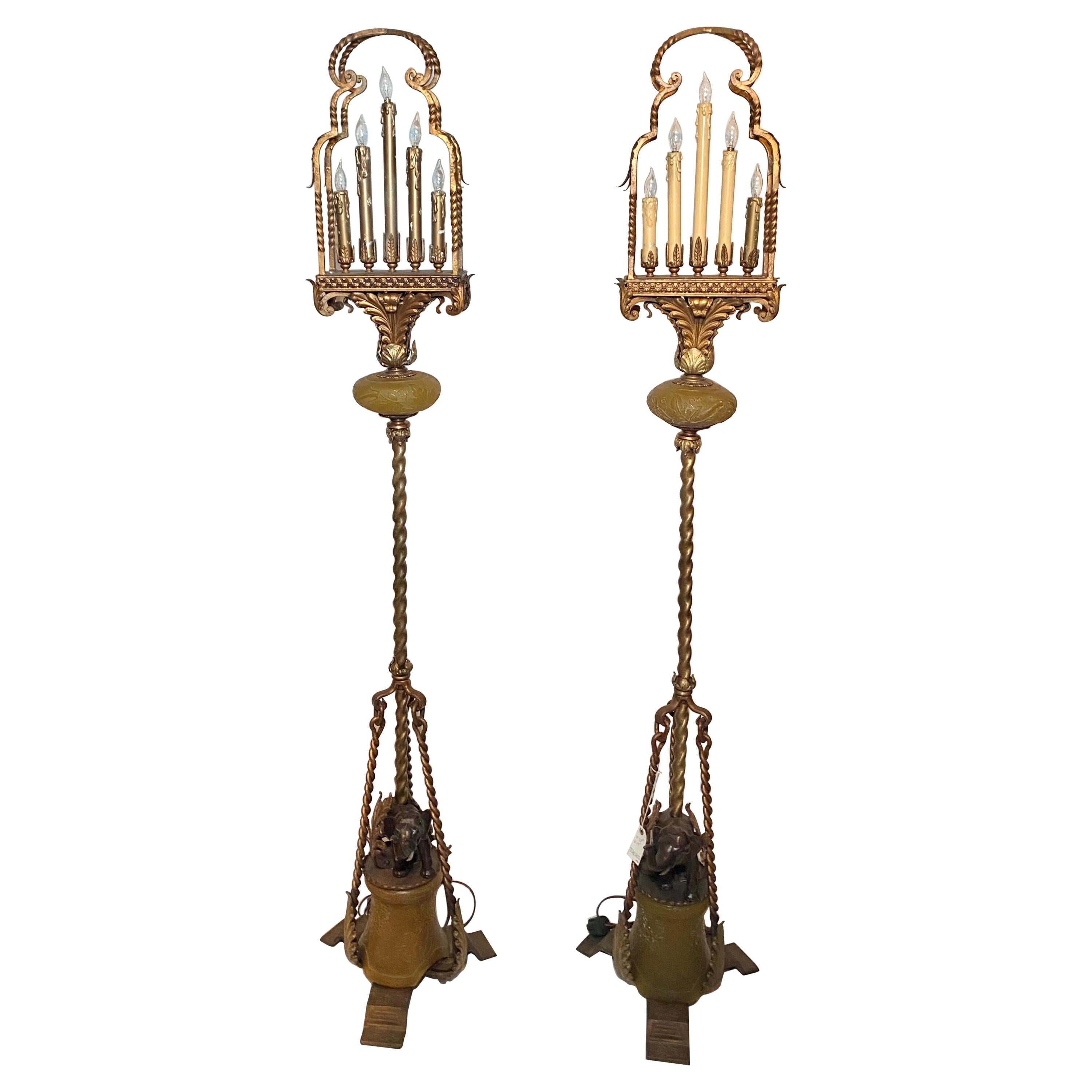 Pair Antique Iron Torchères with Bronze Elephants at Base, Circa 1920's