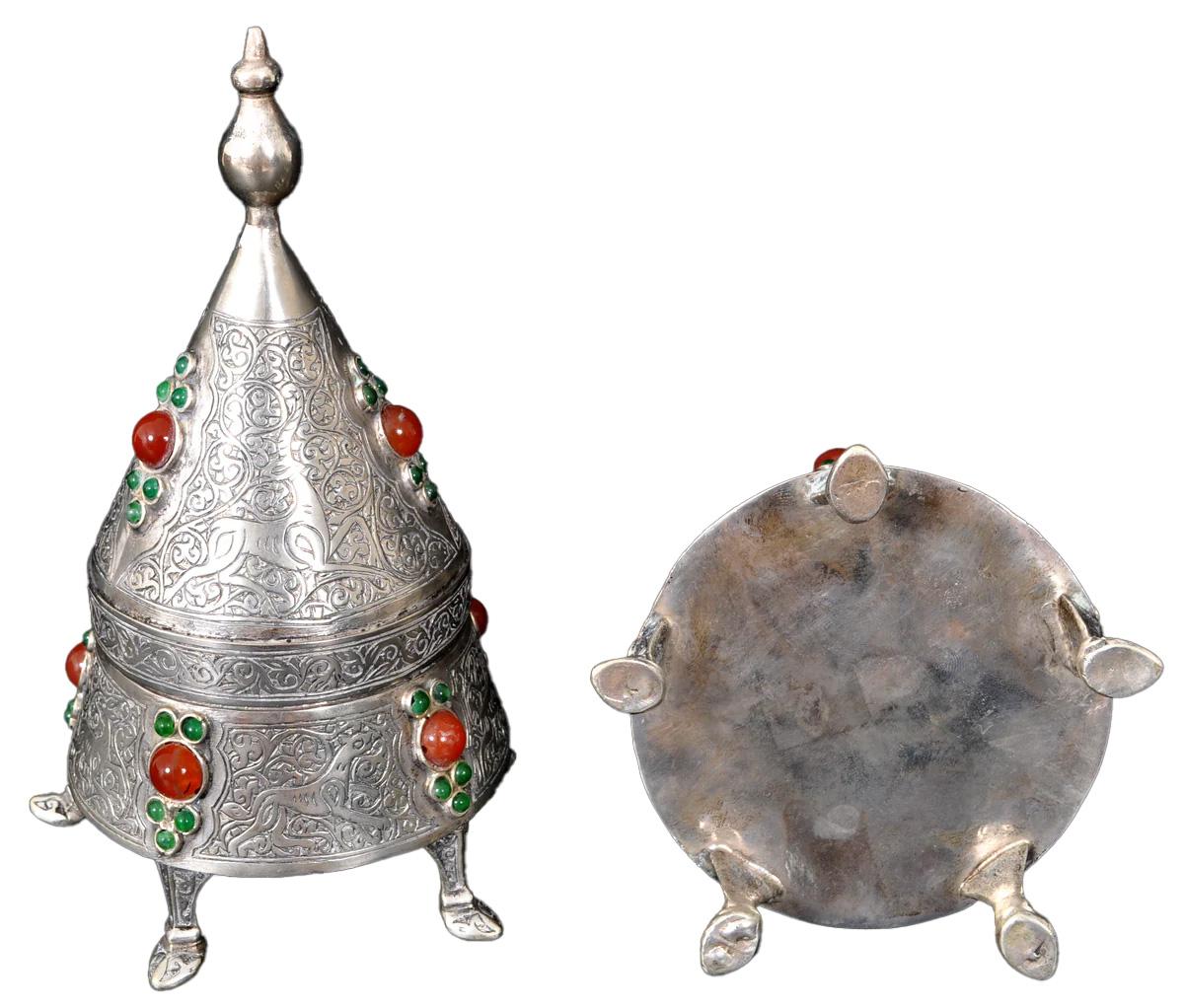 Pareja de antiguas cajas persas otomanas de plata y cornalina del periodo islámico Qajar 1880 Turco en venta