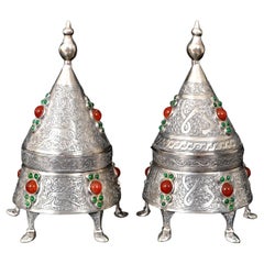 Pair Antique Islamic Qajar Period Ottoman Persian Silver & Carnelian Boxes 1880