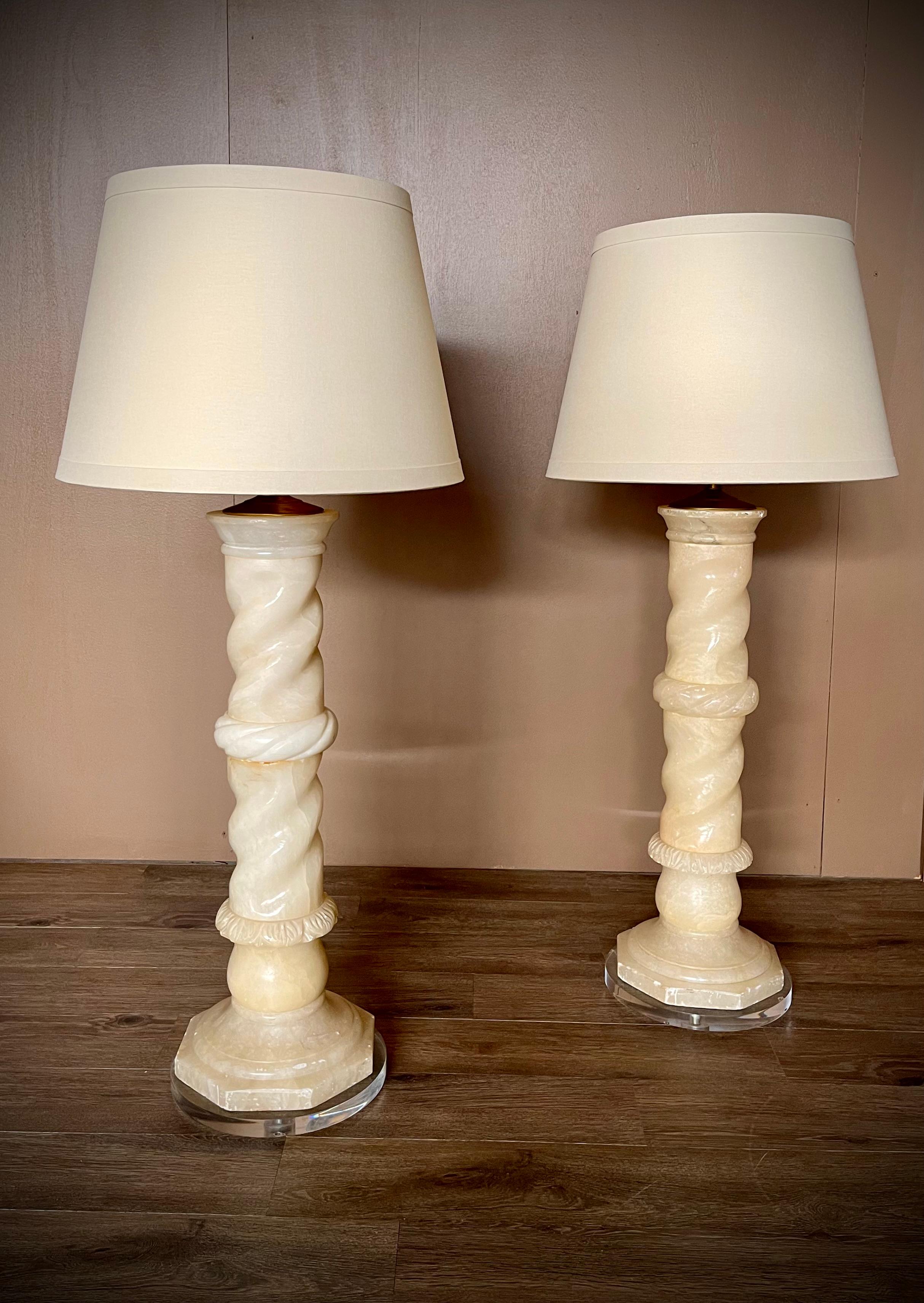 Pair Antique Italian Architectural Alabaster Lamps, Lucite Bases, Spiral Carved 5