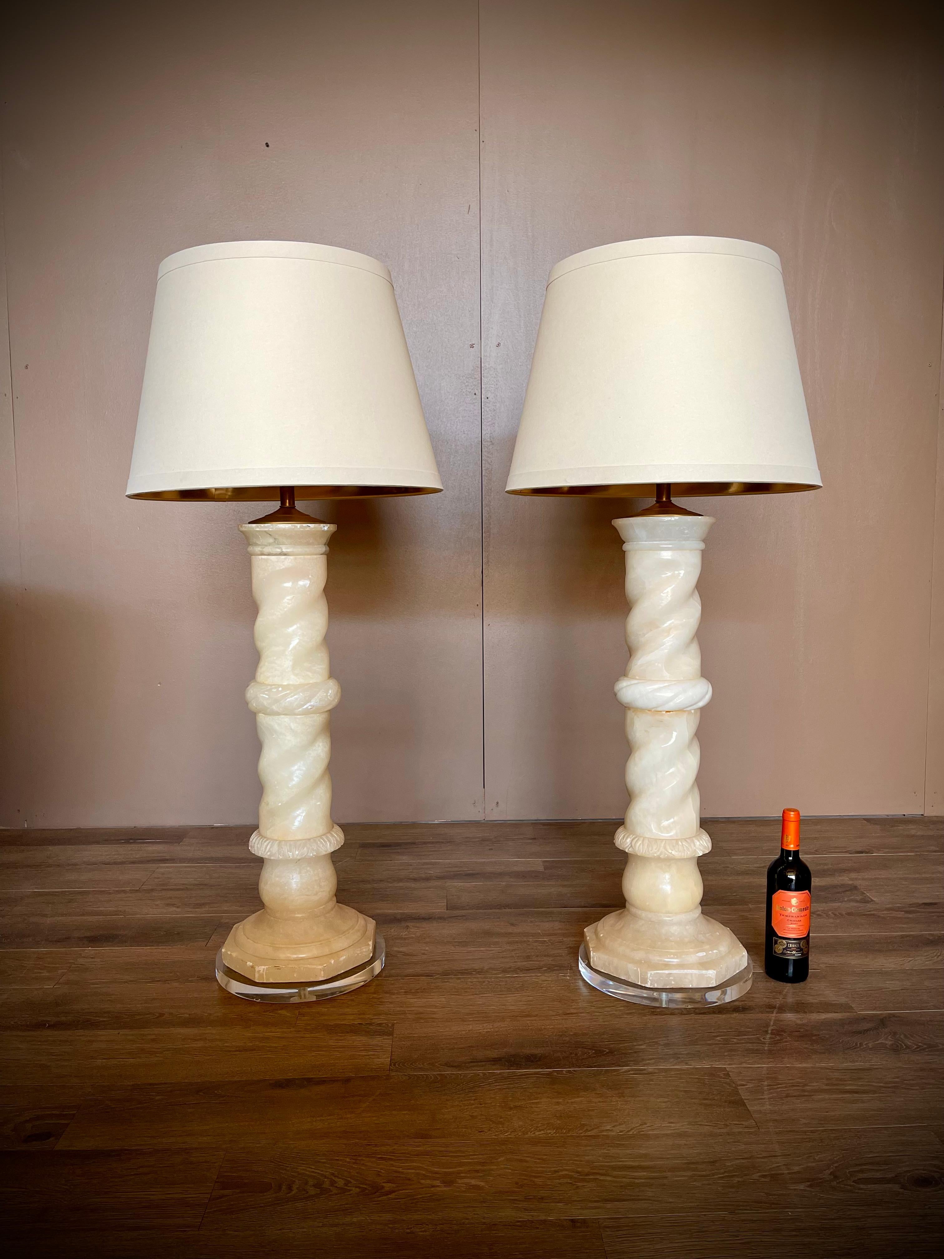 Pair Antique Italian Architectural Alabaster Lamps, Lucite Bases, Spiral Carved 4