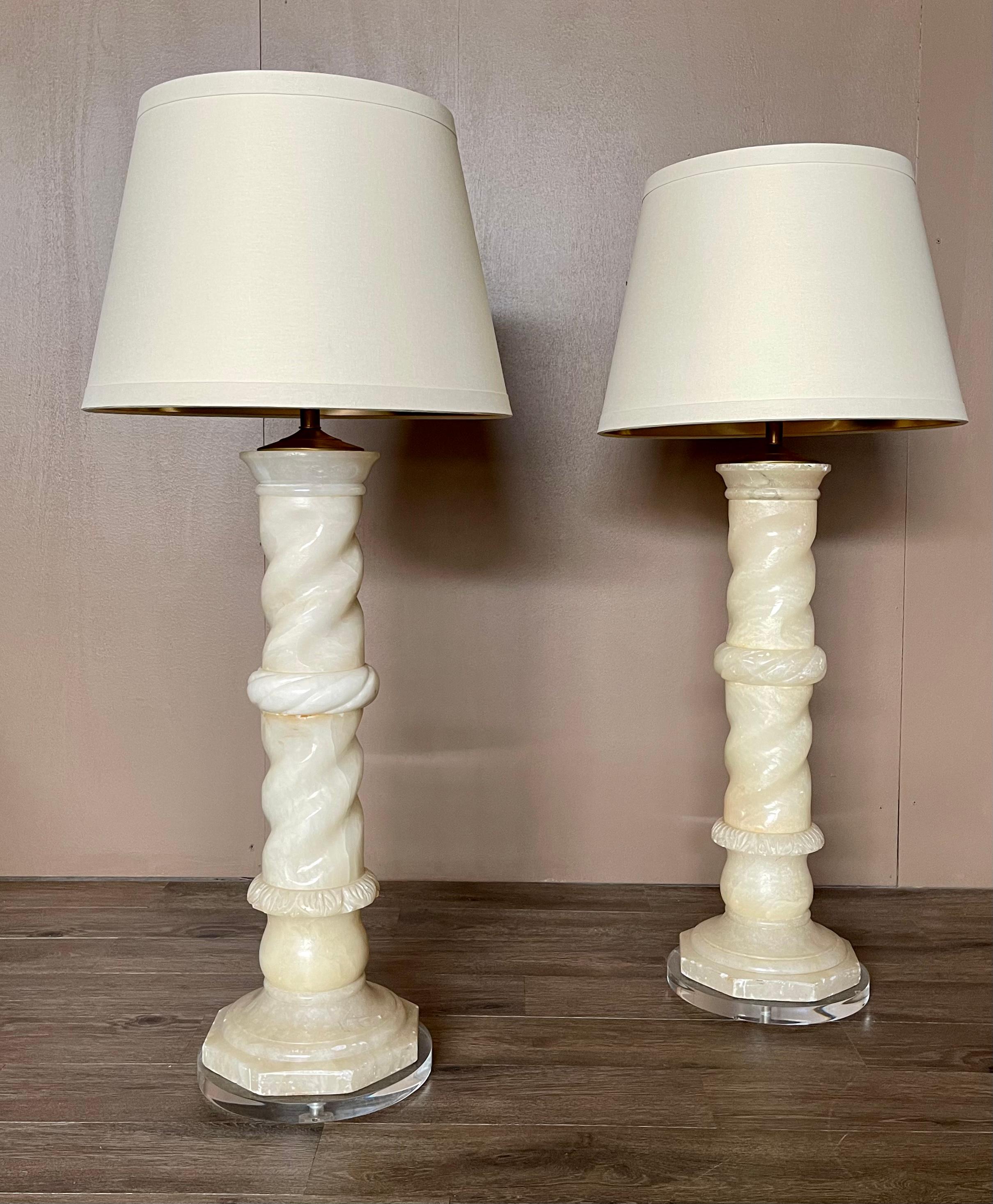 Baroque Revival Pair Antique Italian Architectural Alabaster Lamps, Lucite Bases, Spiral Carved For Sale