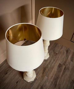 Pair Antique Italian Architectural Alabaster Lamps, Lucite Bases, Spiral Carved