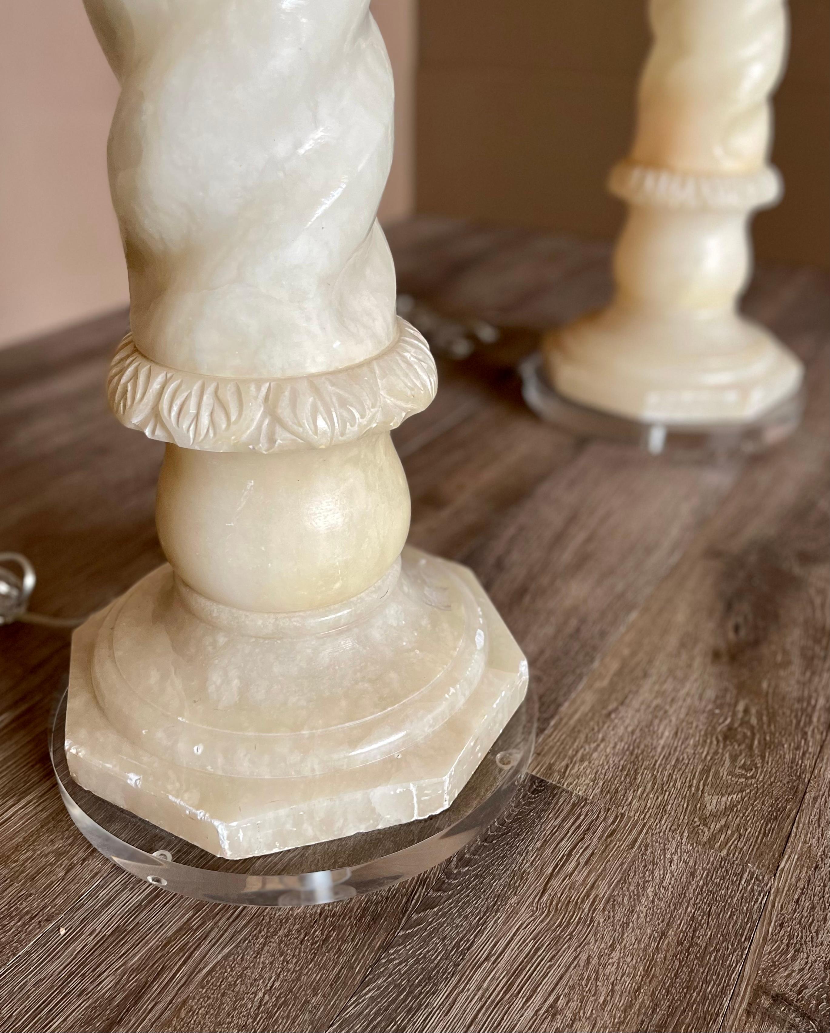 Pair Antique Italian Architectural Alabaster Lamps, Lucite Bases, Spiral Carved In Good Condition For Sale In Mckinney, TX