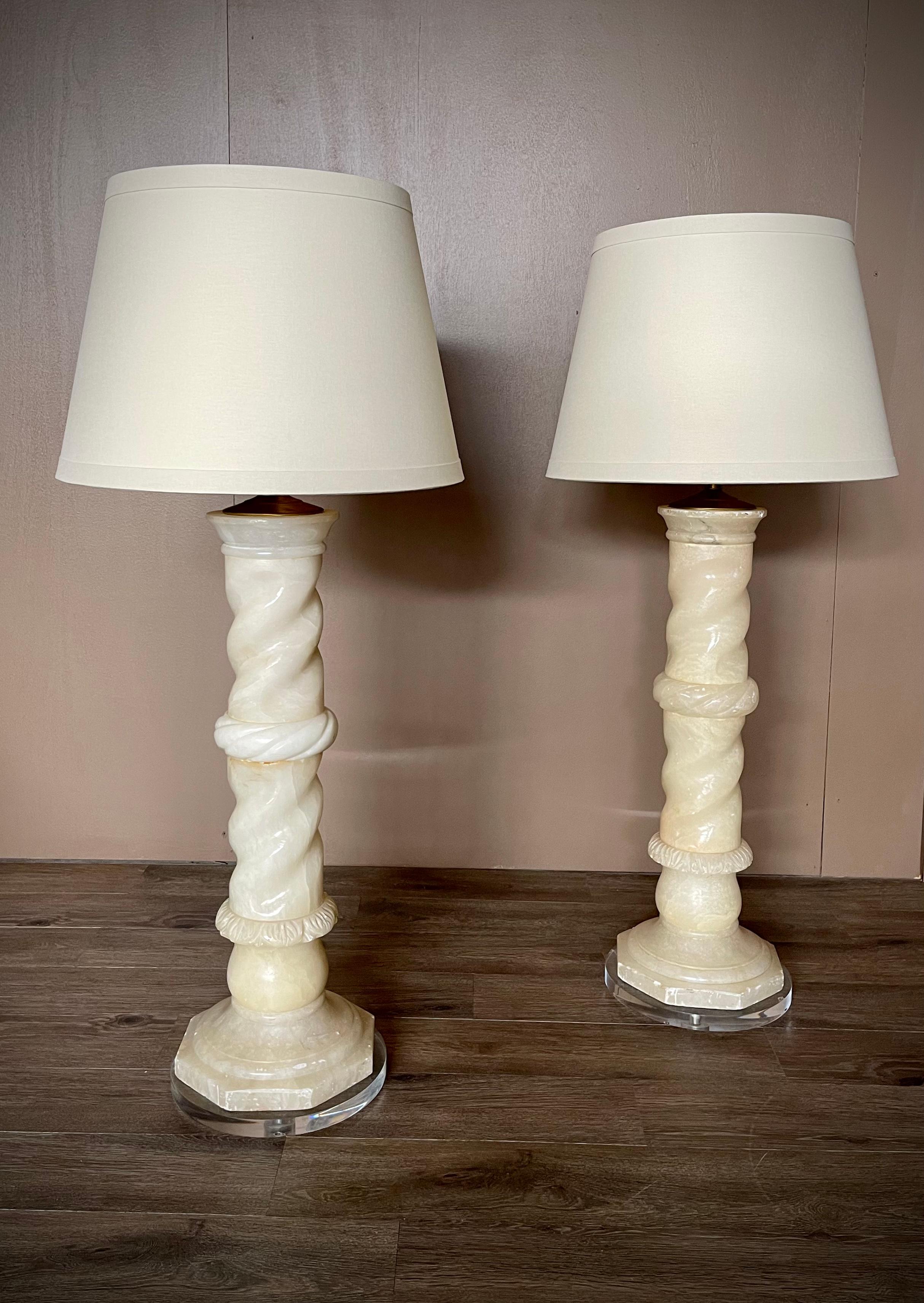 Pair Antique Italian Architectural Alabaster Lamps, Lucite Bases, Spiral Carved For Sale 1