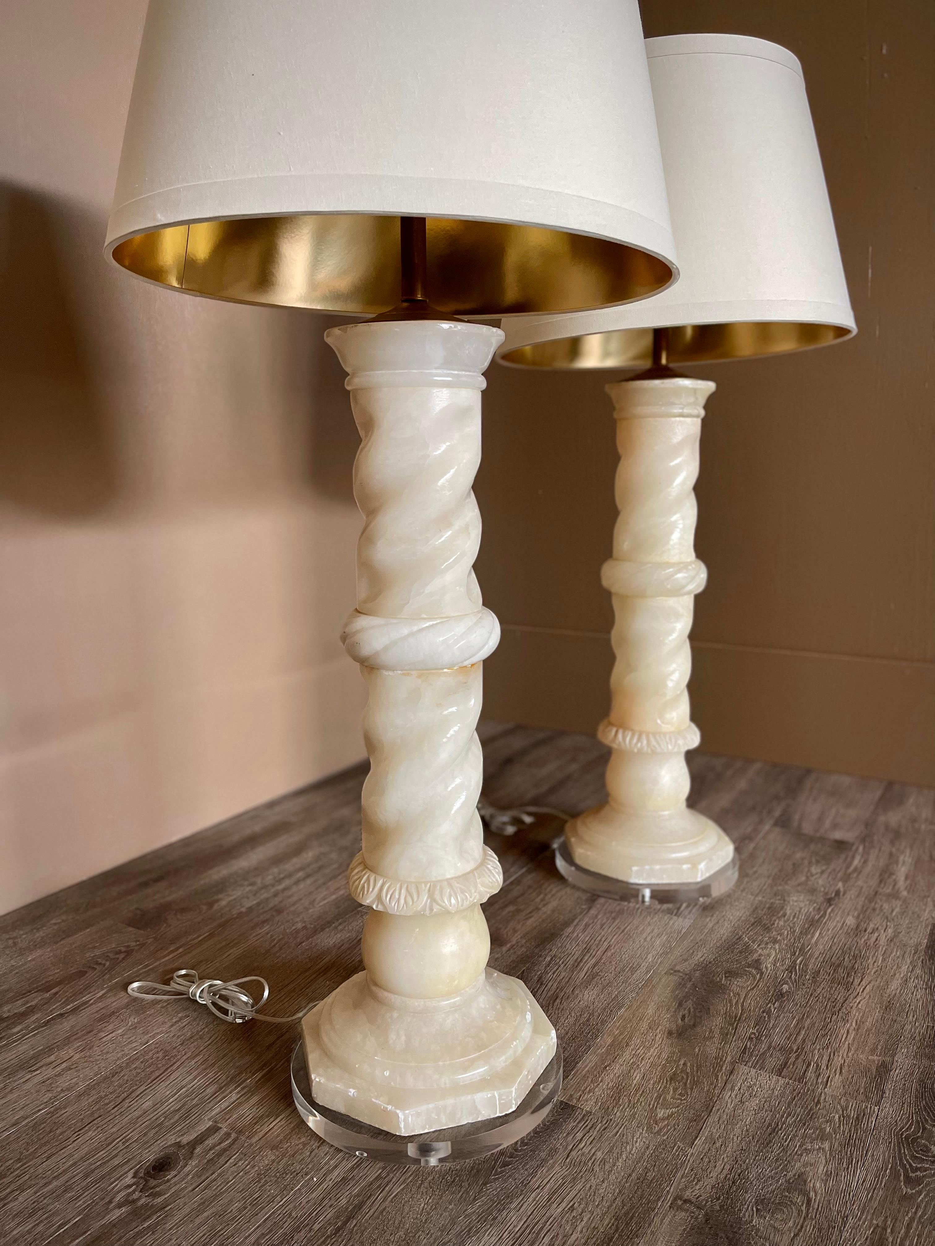 Pair Antique Italian Architectural Alabaster Lamps, Lucite Bases, Spiral Carved For Sale 2