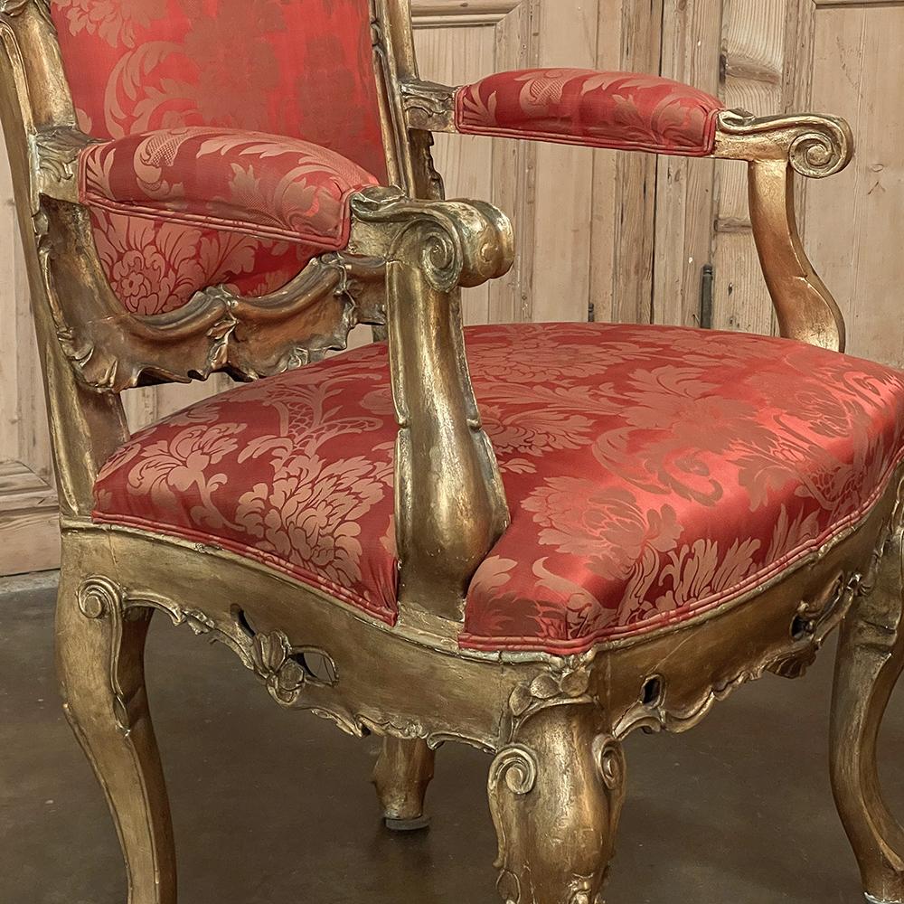 Pair Antique Italian Baroque Giltwood Armchairs with Damascene Silk For Sale 5