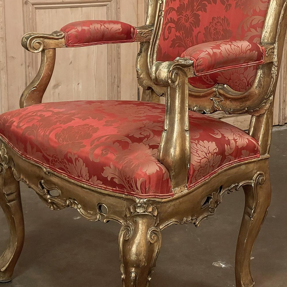 Pair Antique Italian Baroque Giltwood Armchairs with Damascene Silk For Sale 7