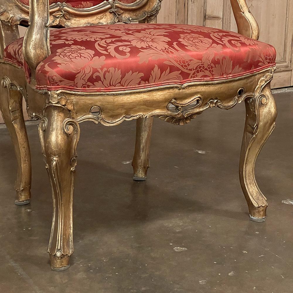 Pair Antique Italian Baroque Giltwood Armchairs with Damascene Silk For Sale 8