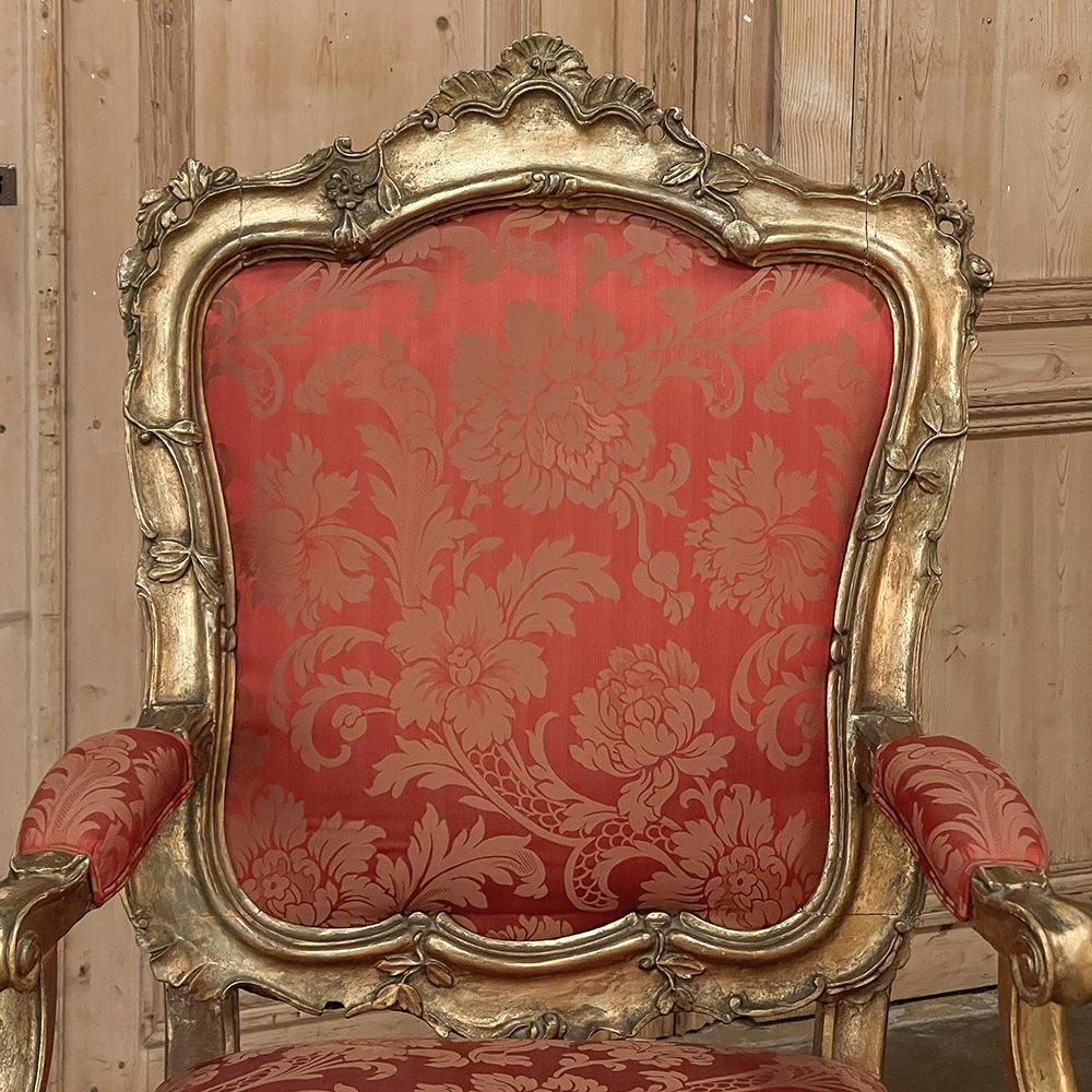 Pair Antique Italian Baroque Giltwood Armchairs with Damascene Silk For Sale 10