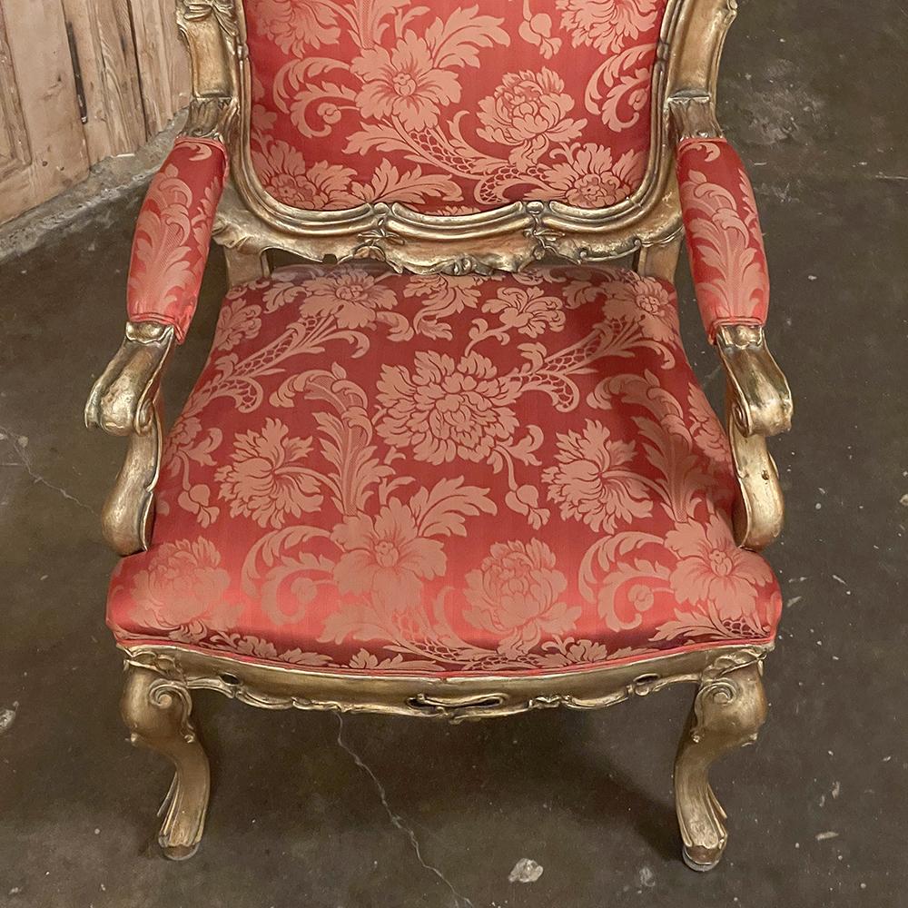Pair Antique Italian Baroque Giltwood Armchairs with Damascene Silk For Sale 11