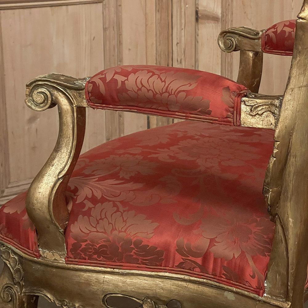 Pair Antique Italian Baroque Giltwood Armchairs with Damascene Silk For Sale 13