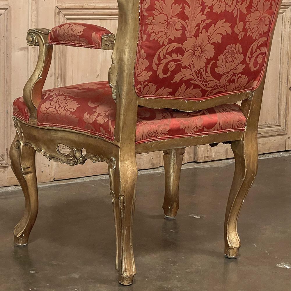 Pair Antique Italian Baroque Giltwood Armchairs with Damascene Silk For Sale 14