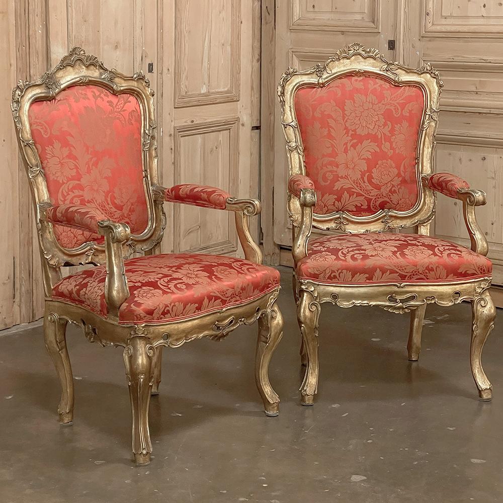 Pair Antique Italian Baroque giltwood armchairs with Damascene Silk are a gorgeous example of the style rendered only as the Italian master artisans can perform! The elaborate contours of the framework contain not a single straight line, with