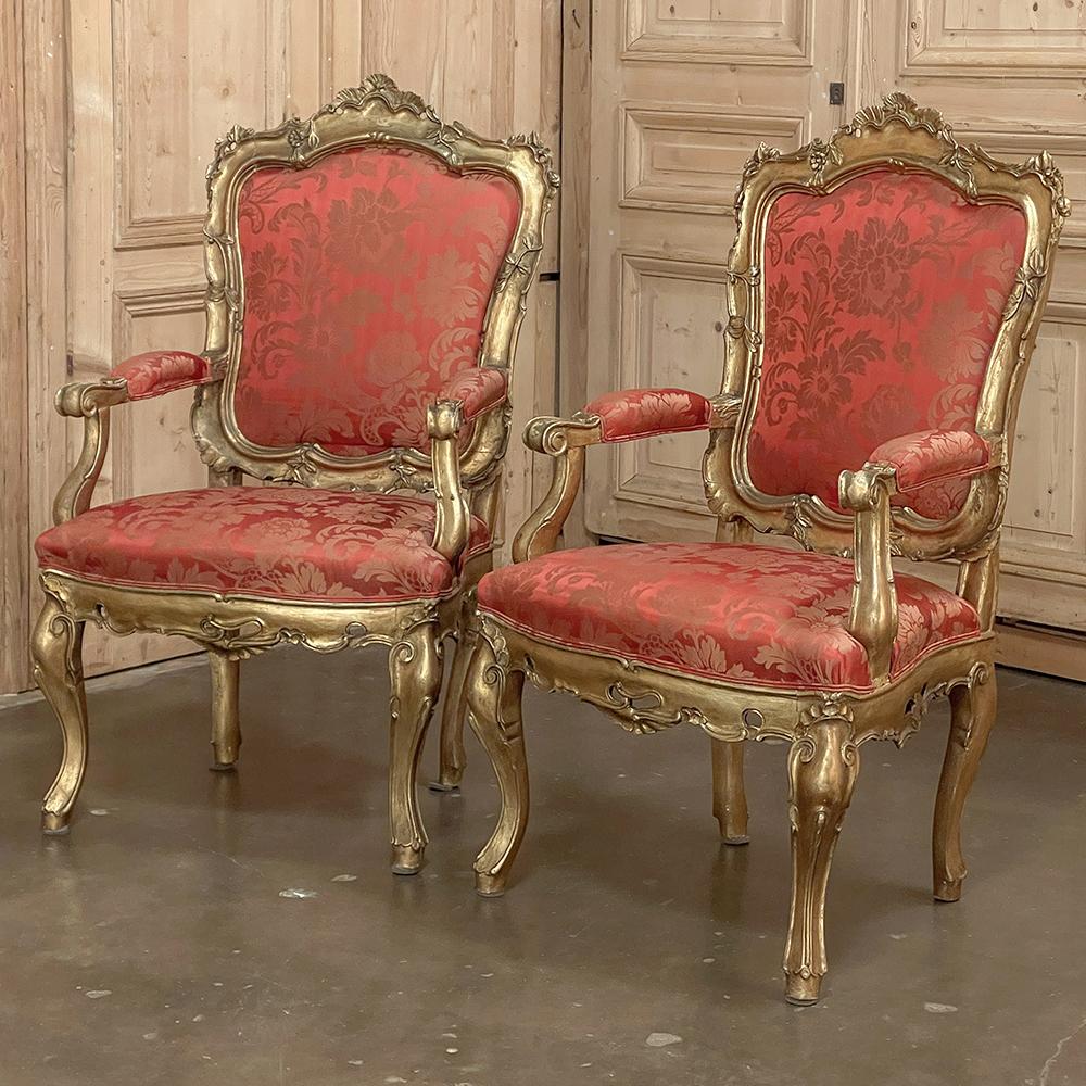 Hand-Crafted Pair Antique Italian Baroque Giltwood Armchairs with Damascene Silk For Sale