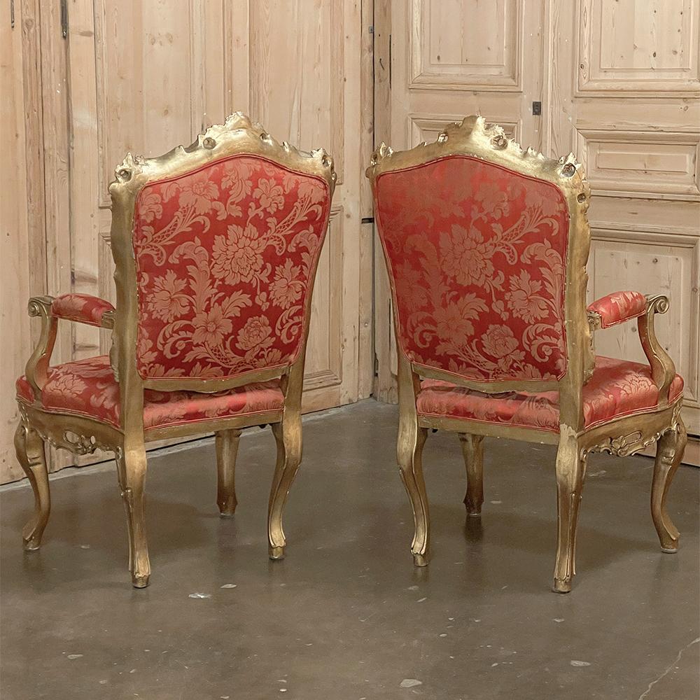 20th Century Pair Antique Italian Baroque Giltwood Armchairs with Damascene Silk For Sale
