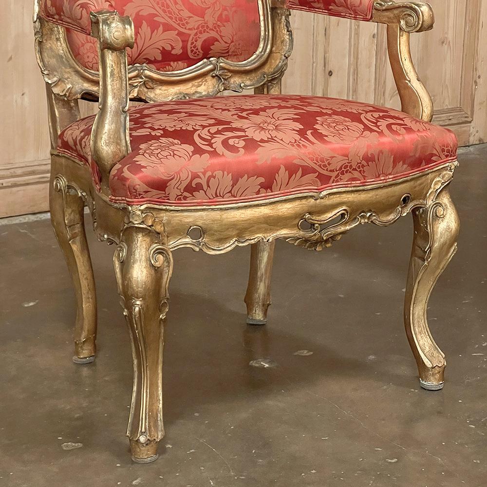 Pair Antique Italian Baroque Giltwood Armchairs with Damascene Silk For Sale 2