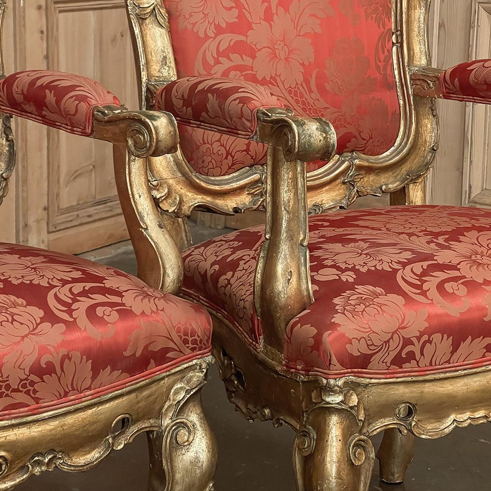 Pair Antique Italian Baroque Giltwood Armchairs with Damascene Silk For Sale 3