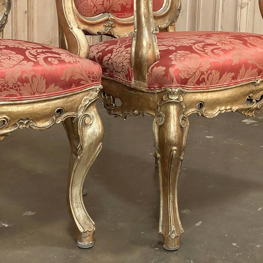 Pair Antique Italian Baroque Giltwood Armchairs with Damascene Silk For Sale 4
