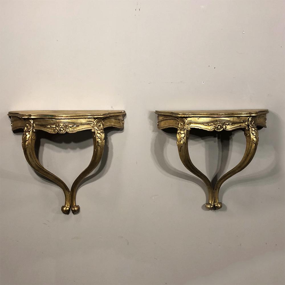 20th Century Pair of Antique Italian Baroque Giltwood Nightstands/Consoles For Sale