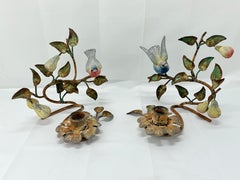 Pair, Antique Italian Bird & Foliate Motif Tole Candle Holders