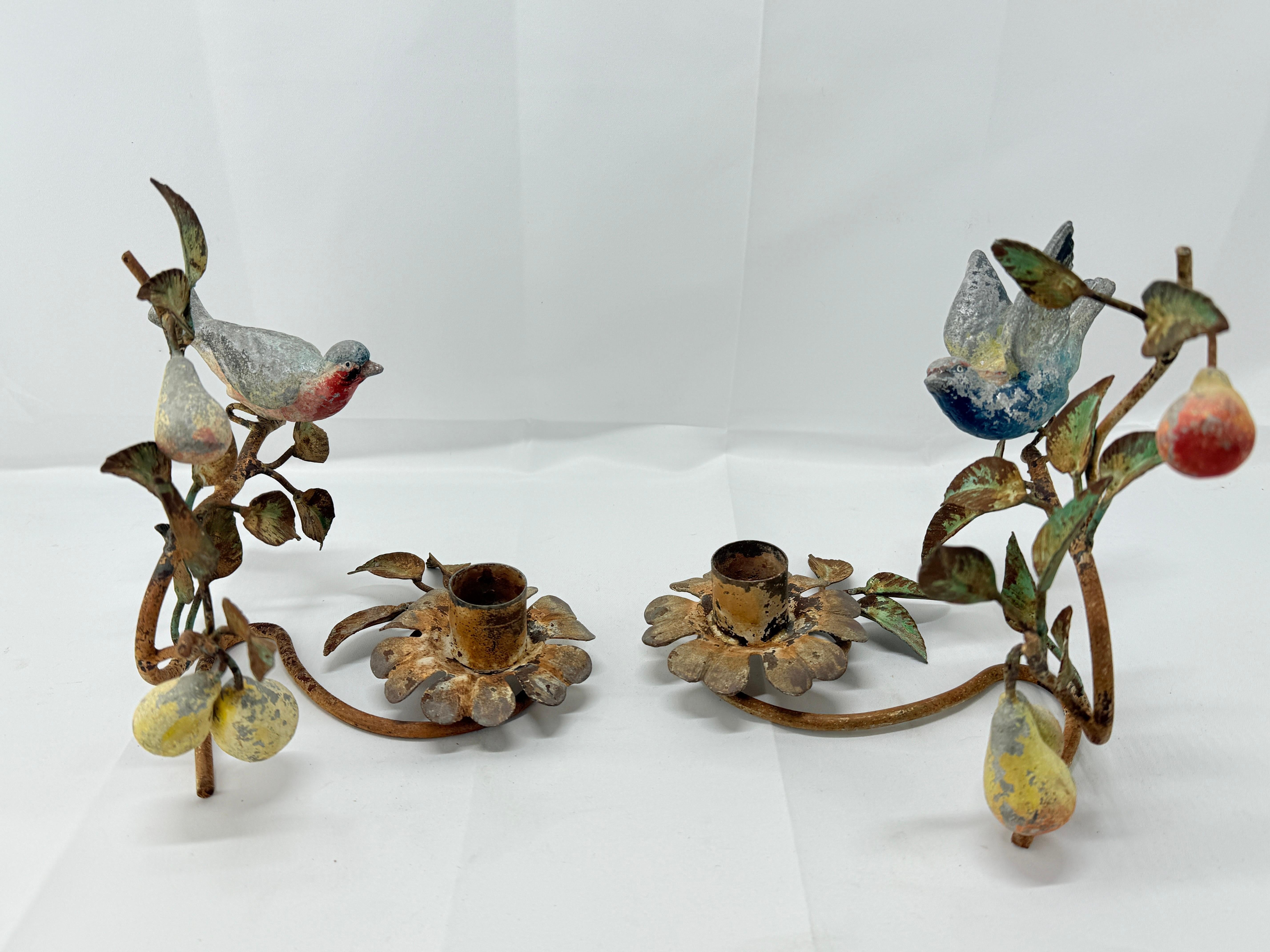 Aesthetic Movement Pair, Antique Italian Bird & Foliate Motif Tole Candle Holders
