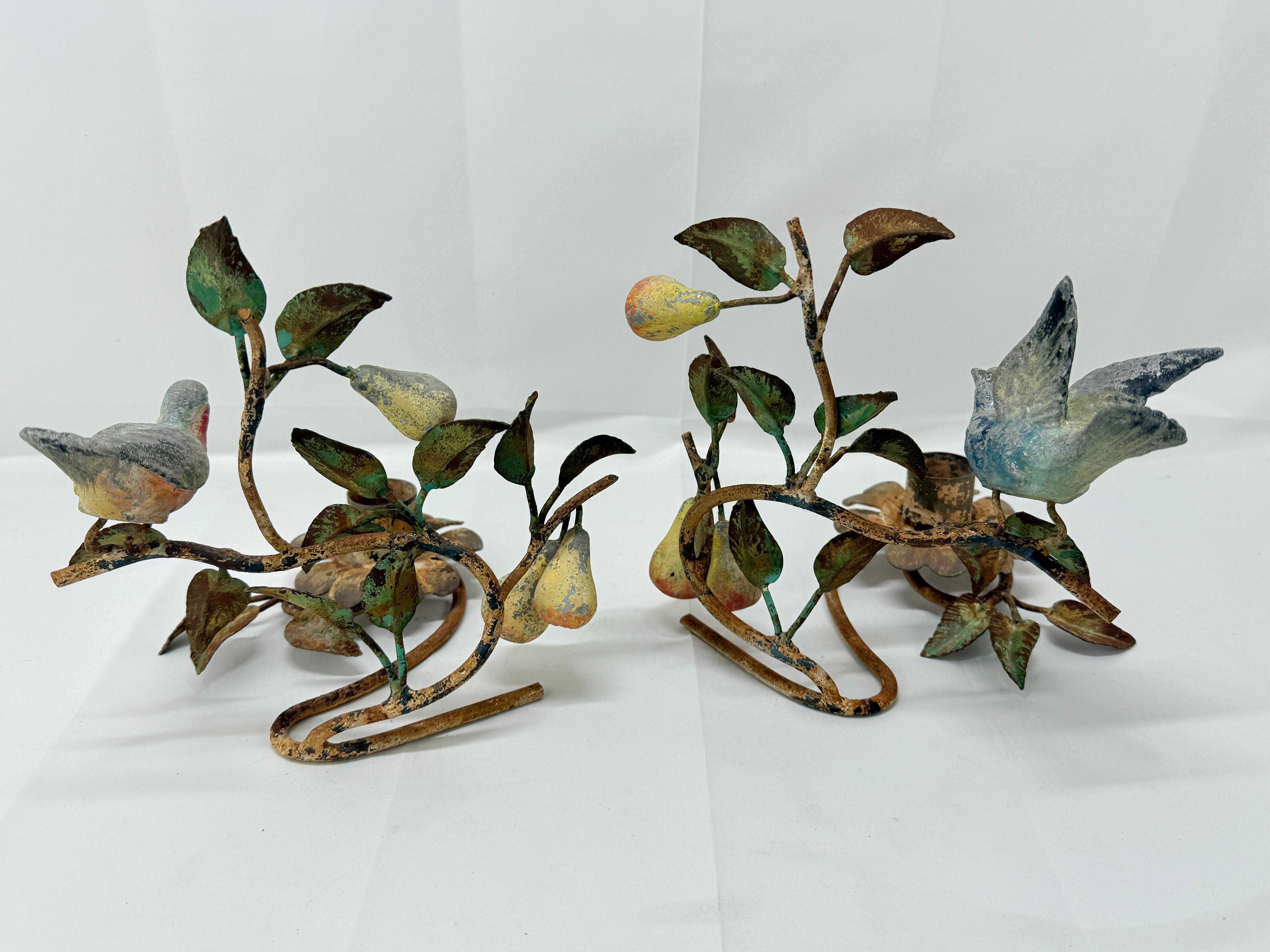 Pair, Antique Italian Bird & Foliate Motif Tole Candle Holders In Good Condition In Atlanta, GA