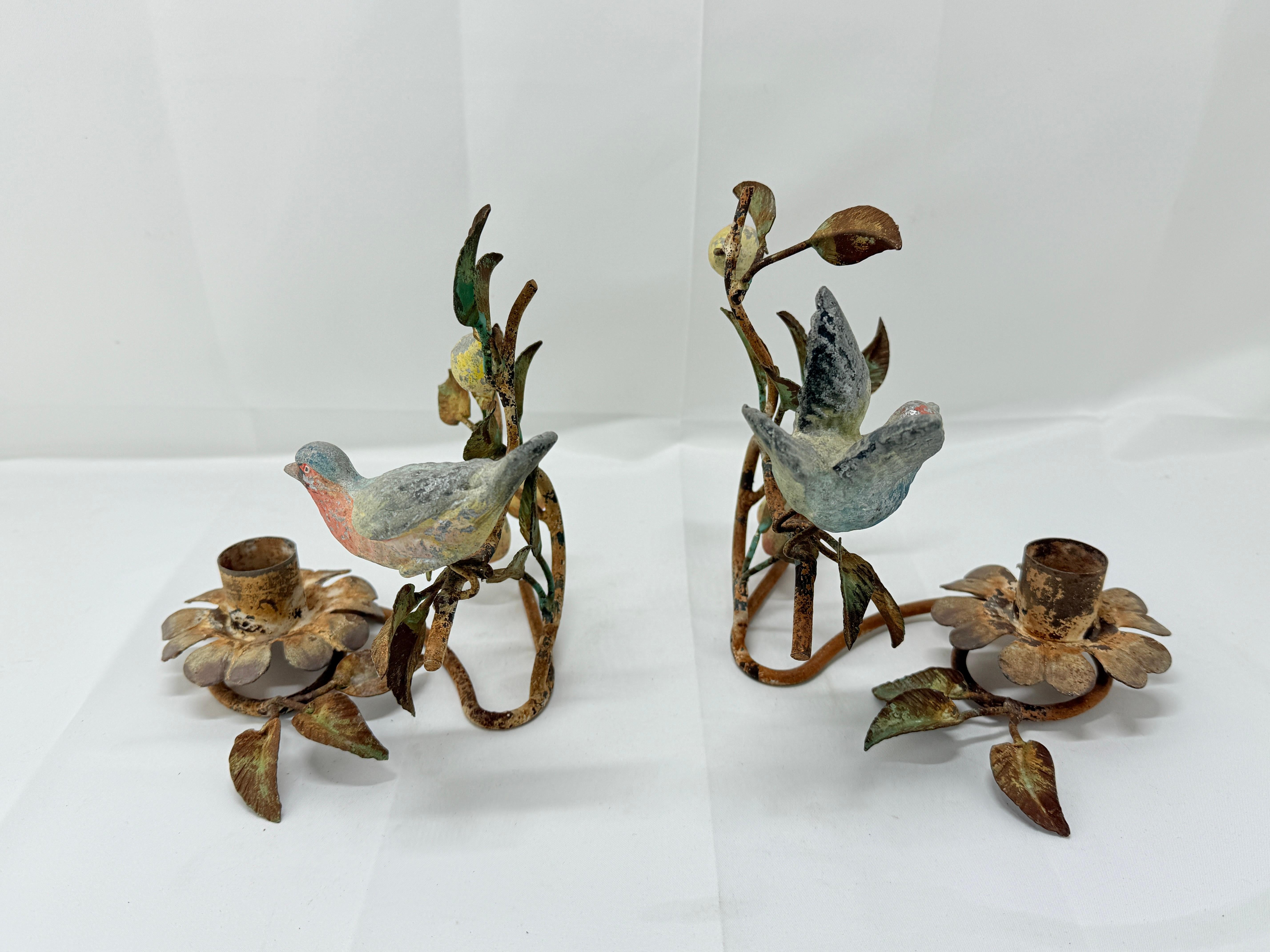 20th Century Pair, Antique Italian Bird & Foliate Motif Tole Candle Holders