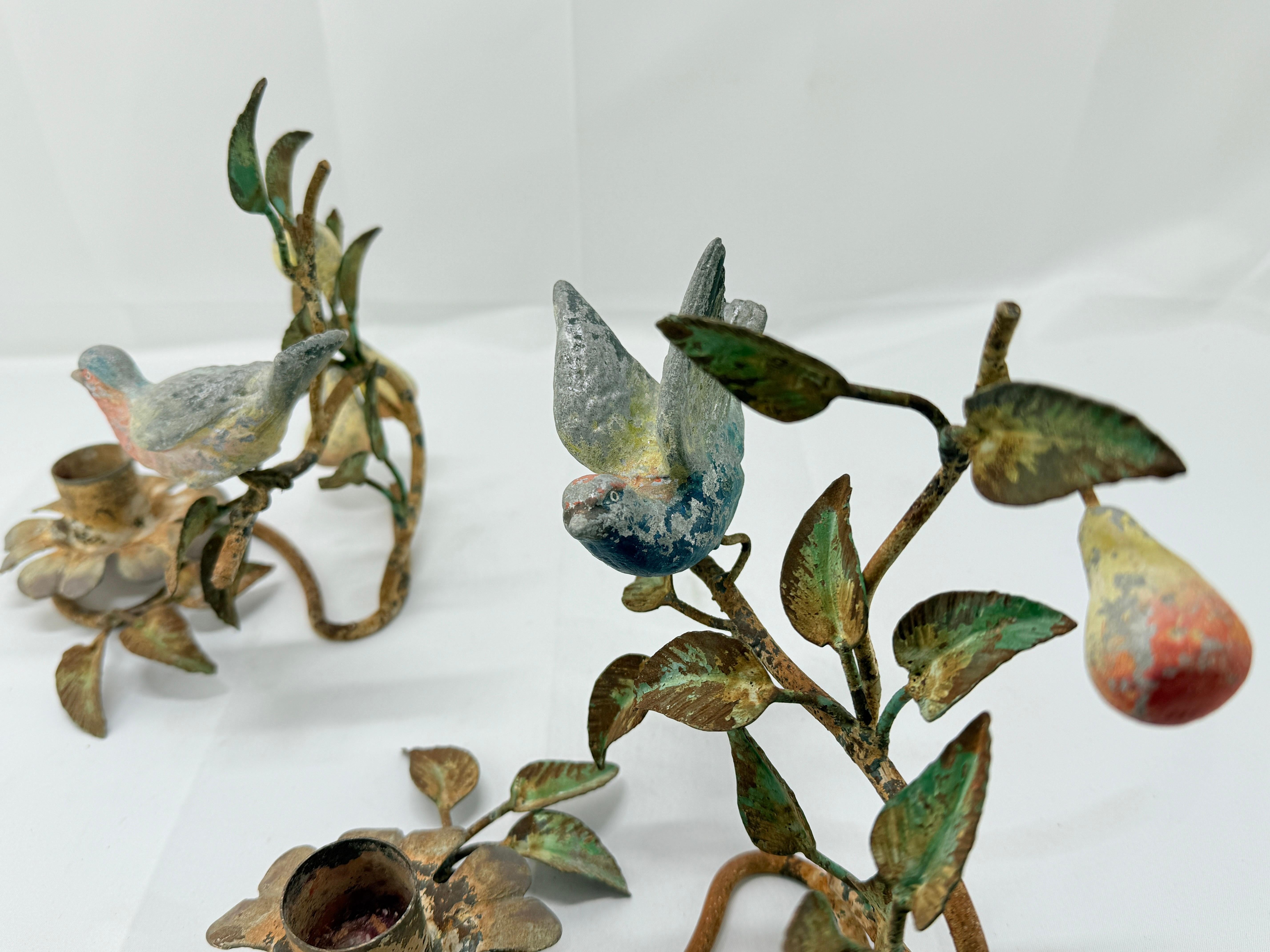 Metal Pair, Antique Italian Bird & Foliate Motif Tole Candle Holders