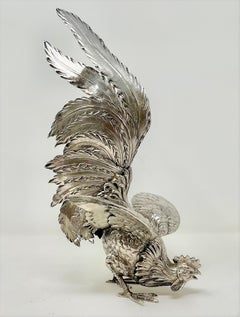 Pair Antique Italian Continental 800 Silver Fighting Cocks, circa 1890-1910