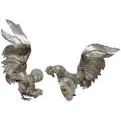Pair Antique Italian Continental 800 Silver Fighting Cocks, circa 1890-1910