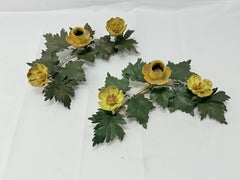 Pair, Antique Italian Floral and Foliate Motif Tole Candle Holders