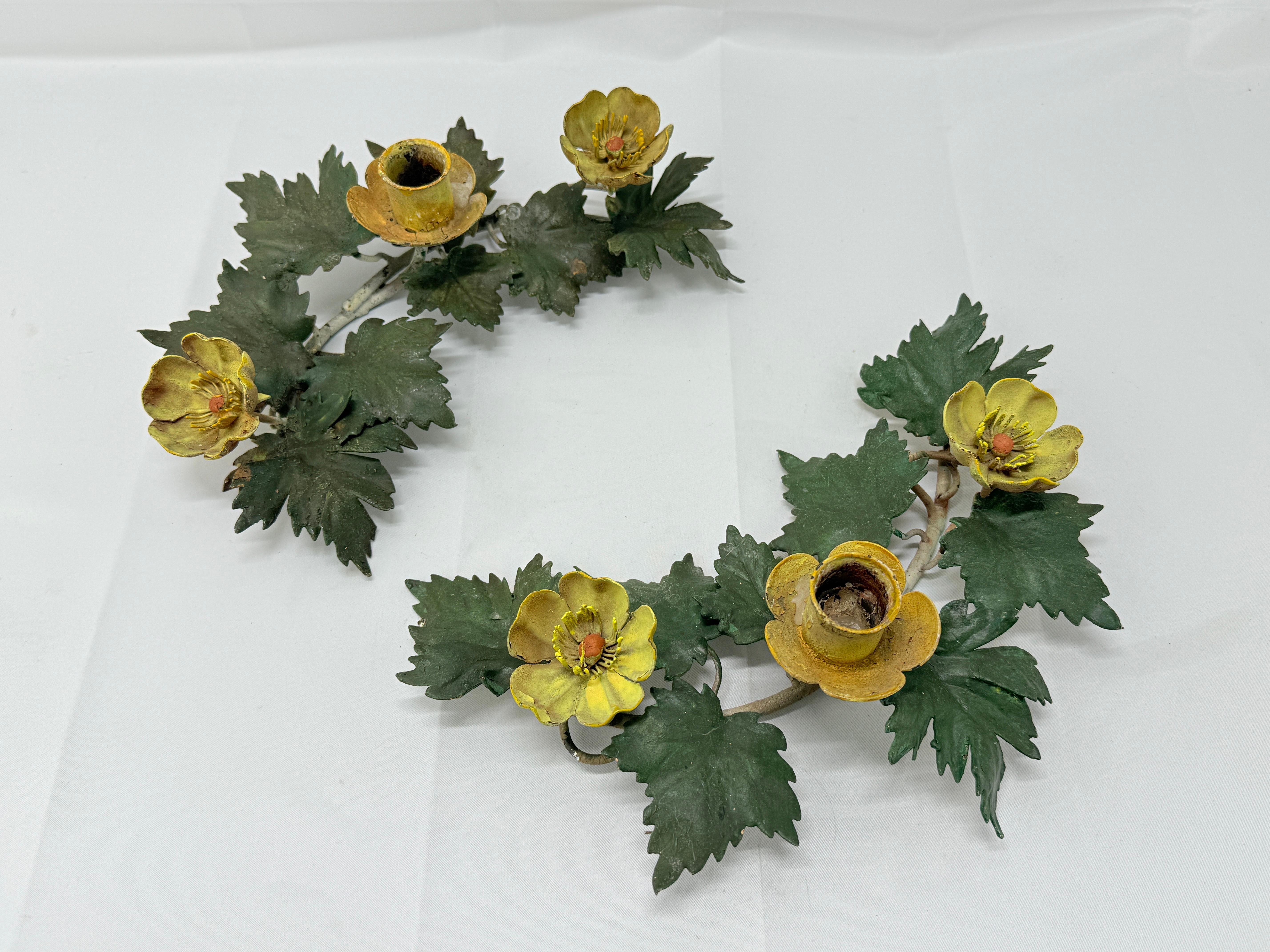 Art Nouveau Pair, Antique Italian Floral and Foliate Motif Tole Candle Holders