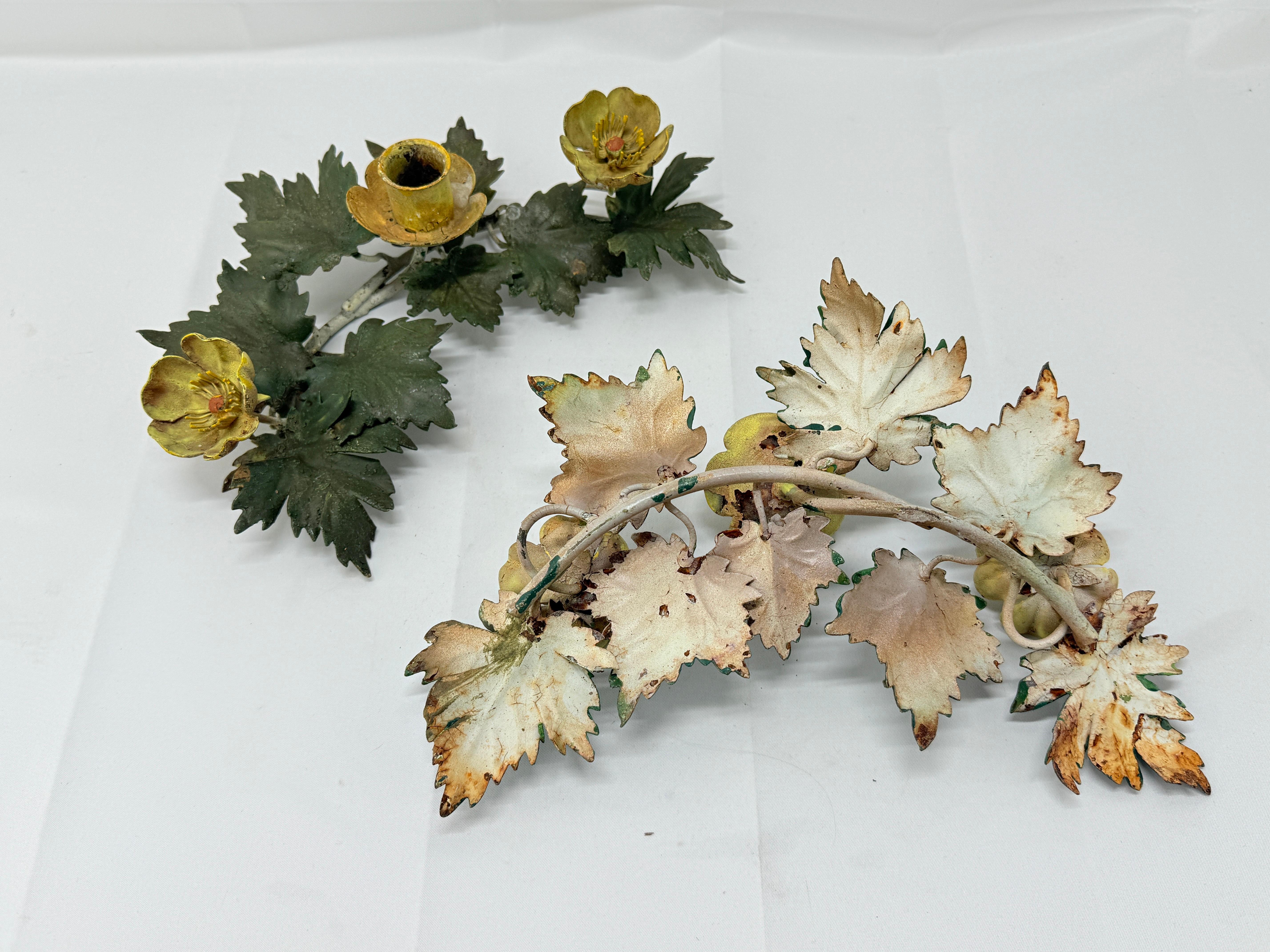 Pair, Antique Italian Floral and Foliate Motif Tole Candle Holders In Good Condition In Atlanta, GA