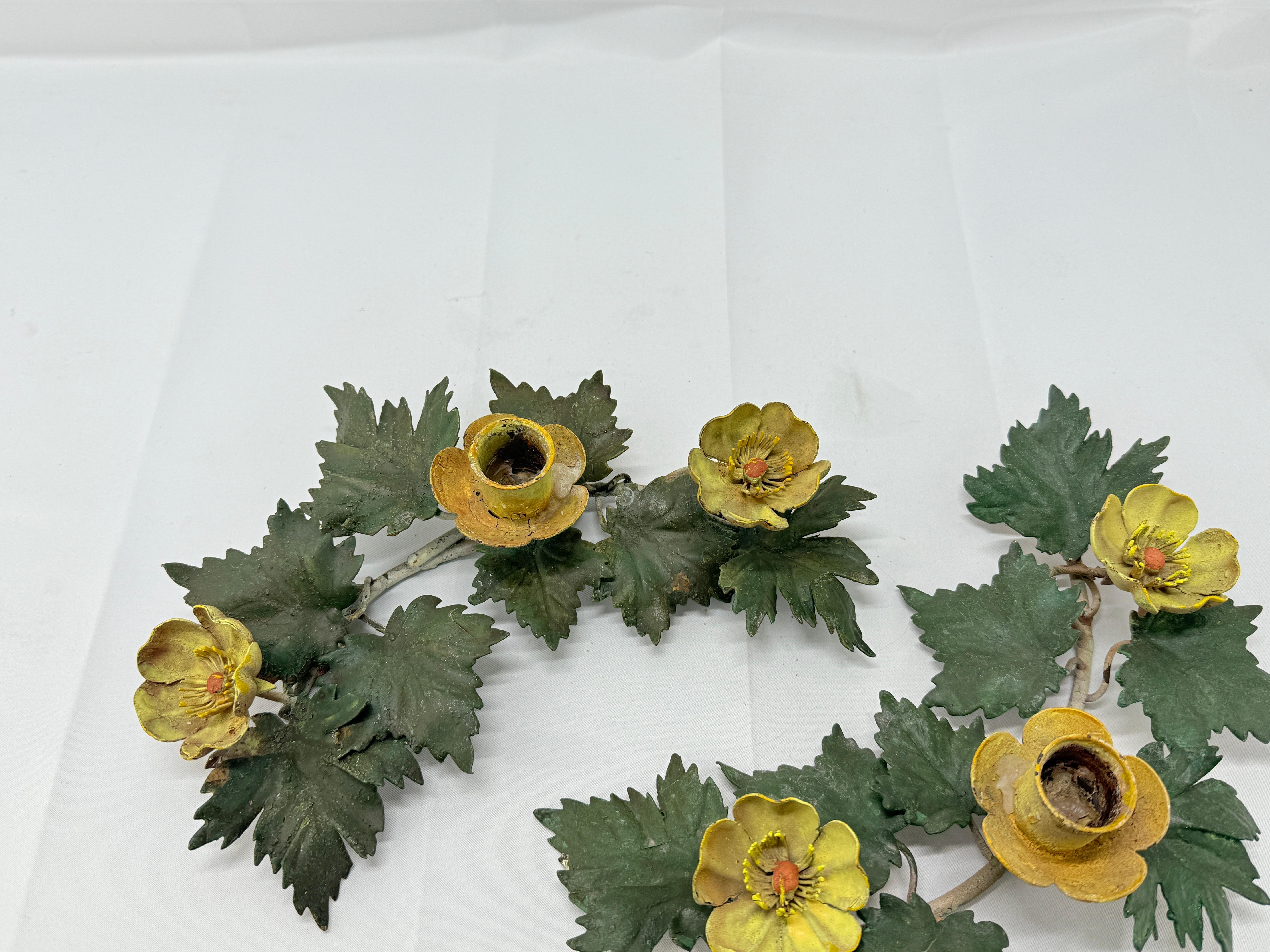 20th Century Pair, Antique Italian Floral and Foliate Motif Tole Candle Holders