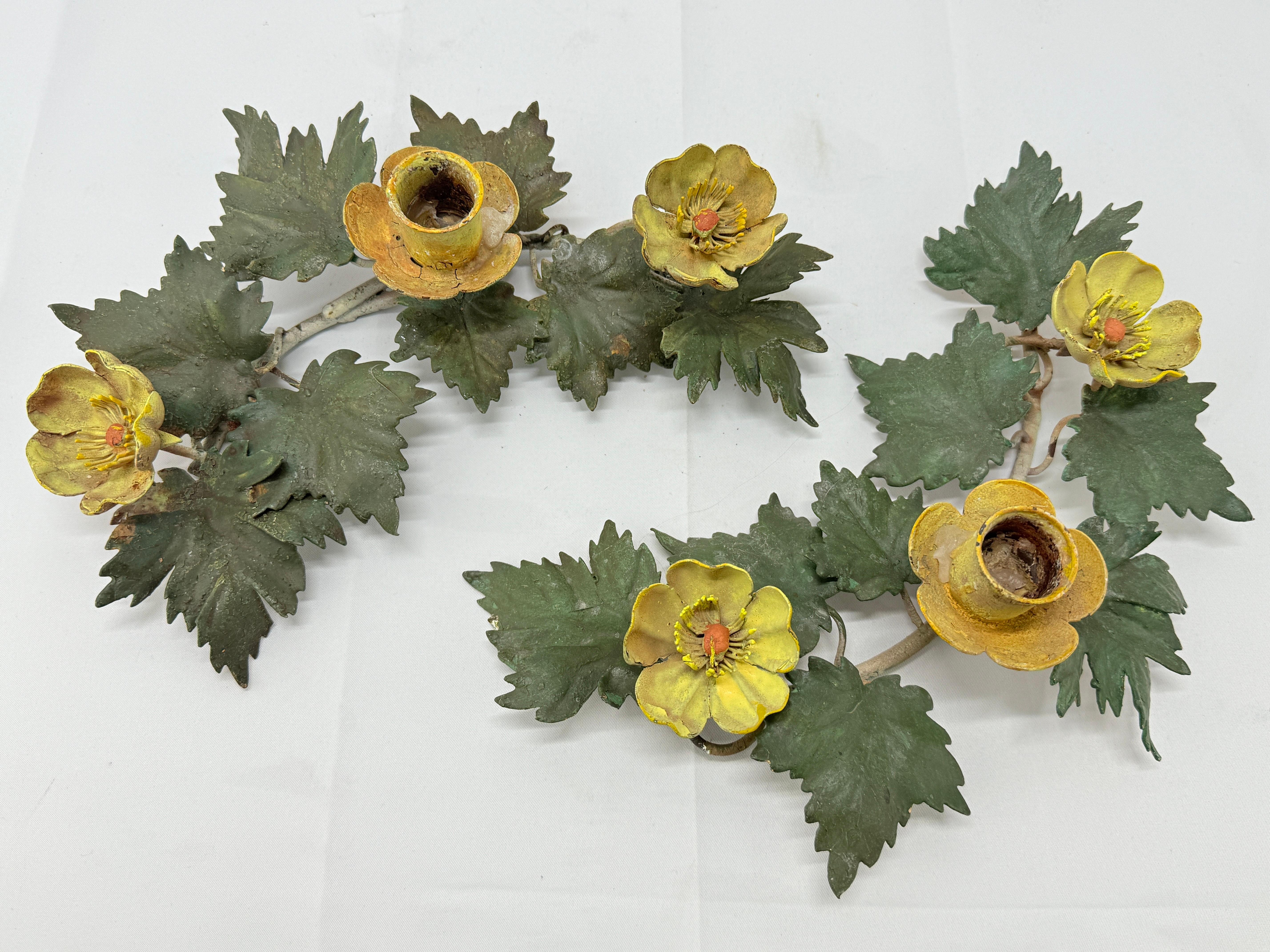 Metal Pair, Antique Italian Floral and Foliate Motif Tole Candle Holders