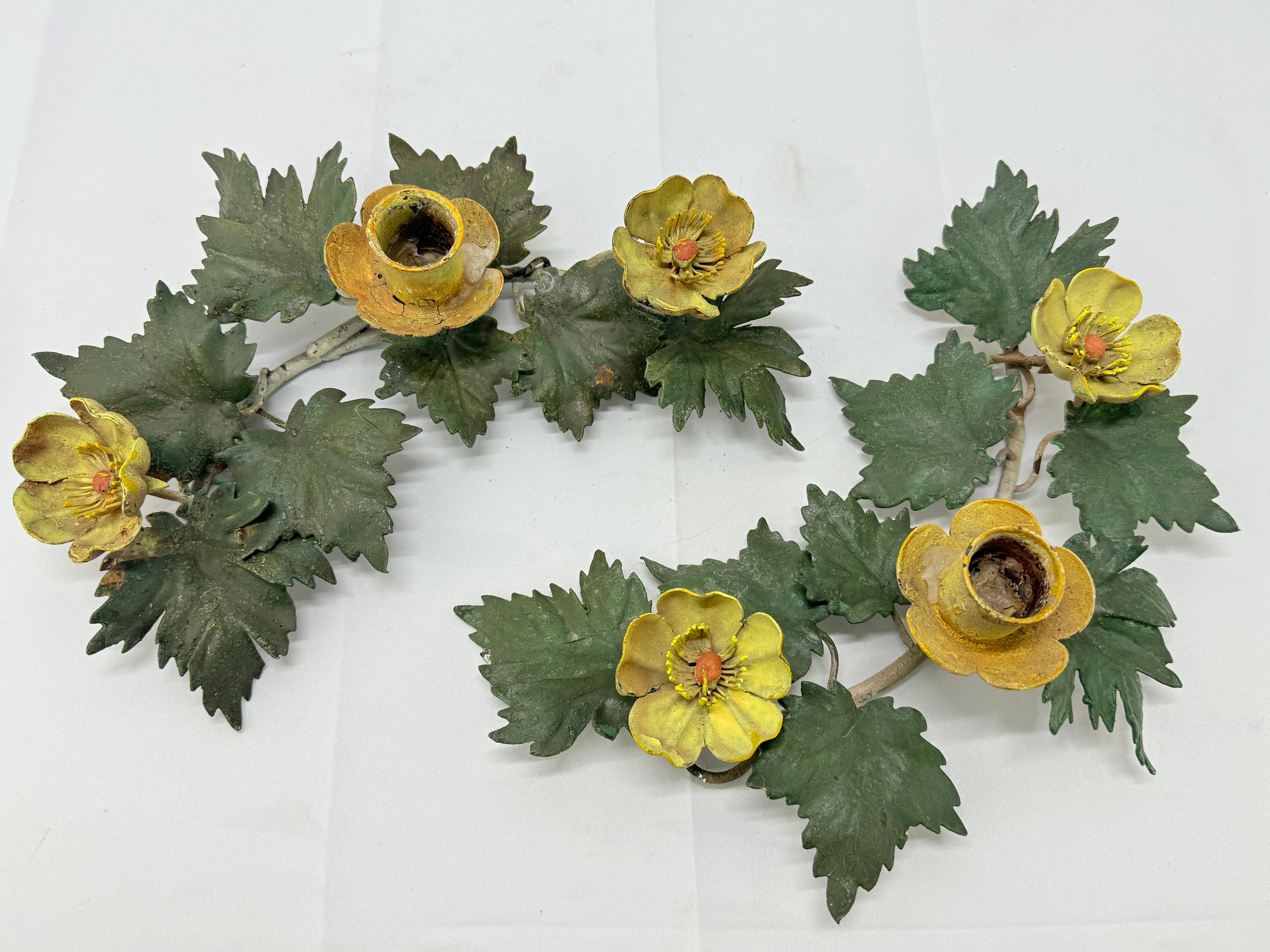 Pair, Antique Italian Floral and Foliate Motif Tole Candle Holders 1